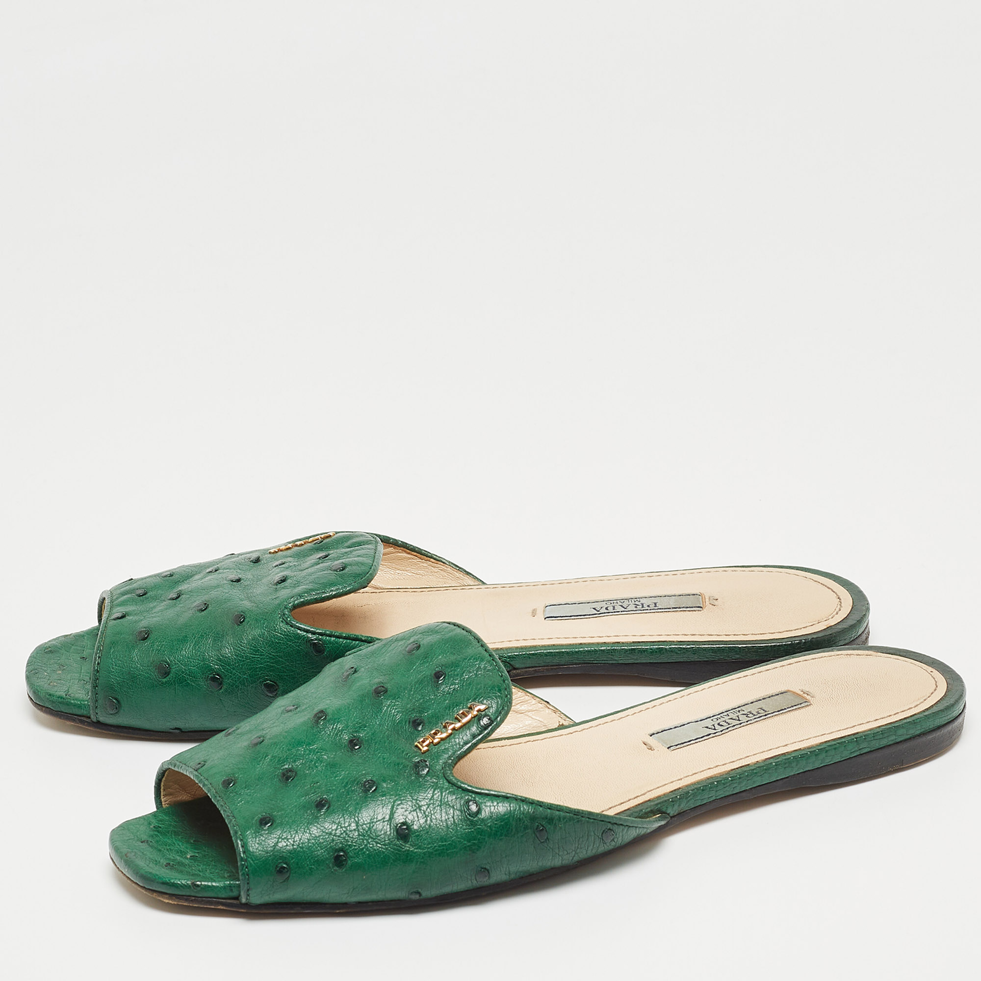 

Prada Green Ostrich Leather Flat Slides Size