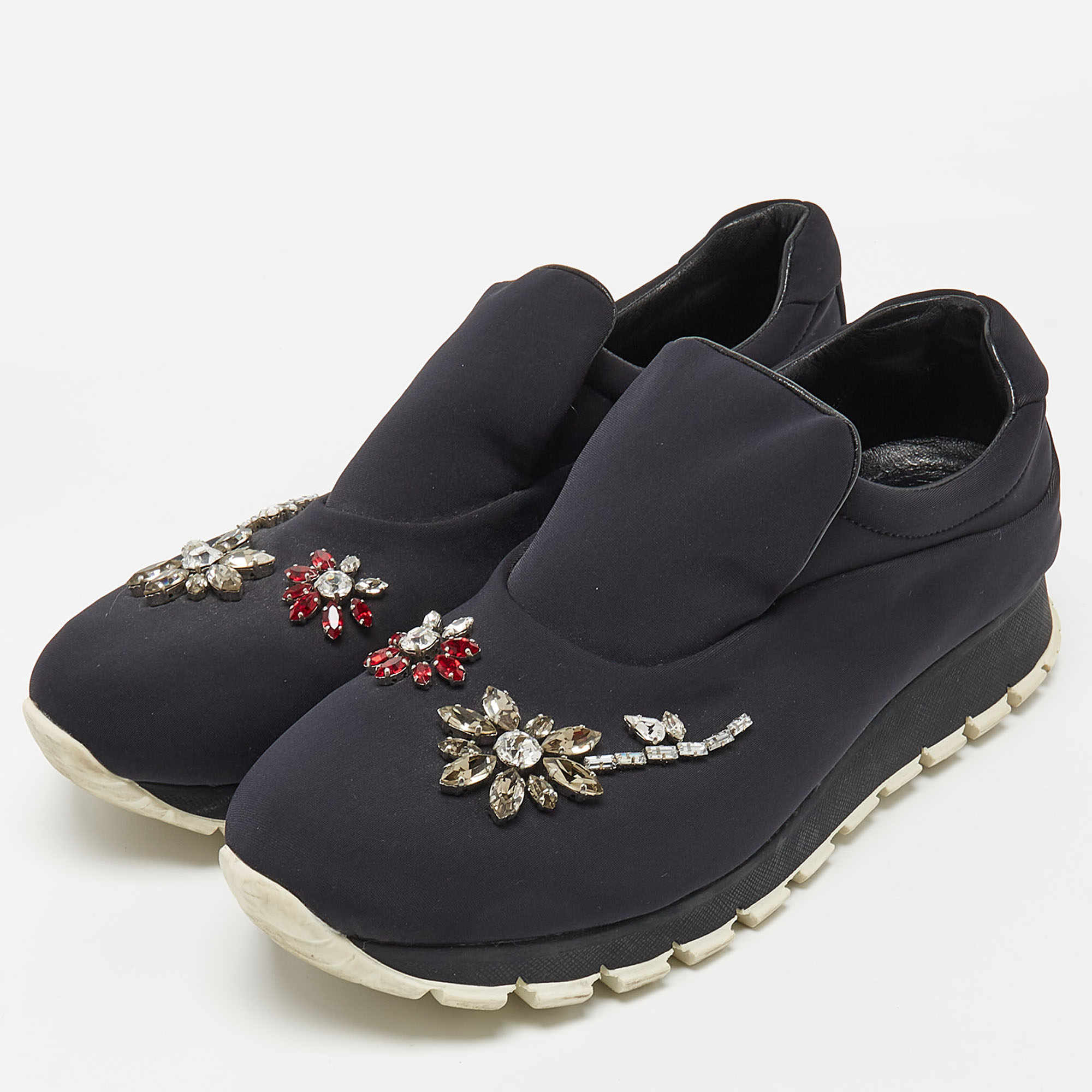 

Prada Black Neoprene Crystal Embellished Slip On Sneakers Size