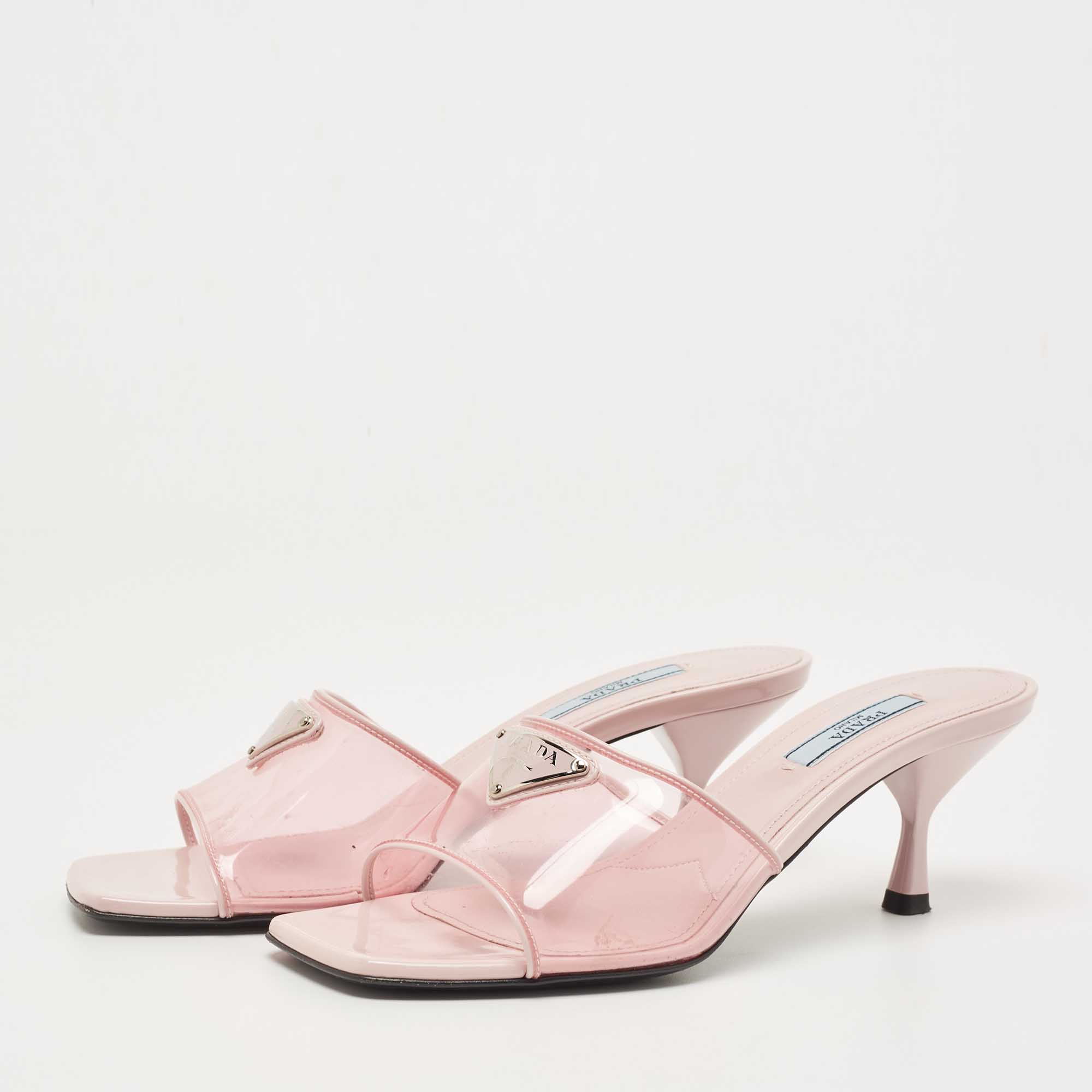 

Prada Transparent/Pink PVC Trim Triangle Logo Slide Sandals Size