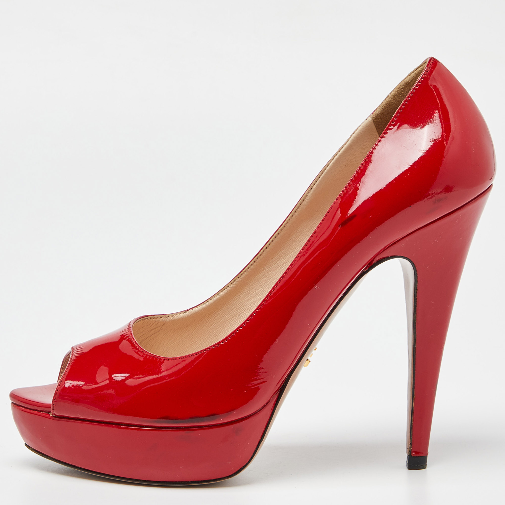 Pre-owned Prada Red Patent Leather Peep Toe Platform Pumps Size 39