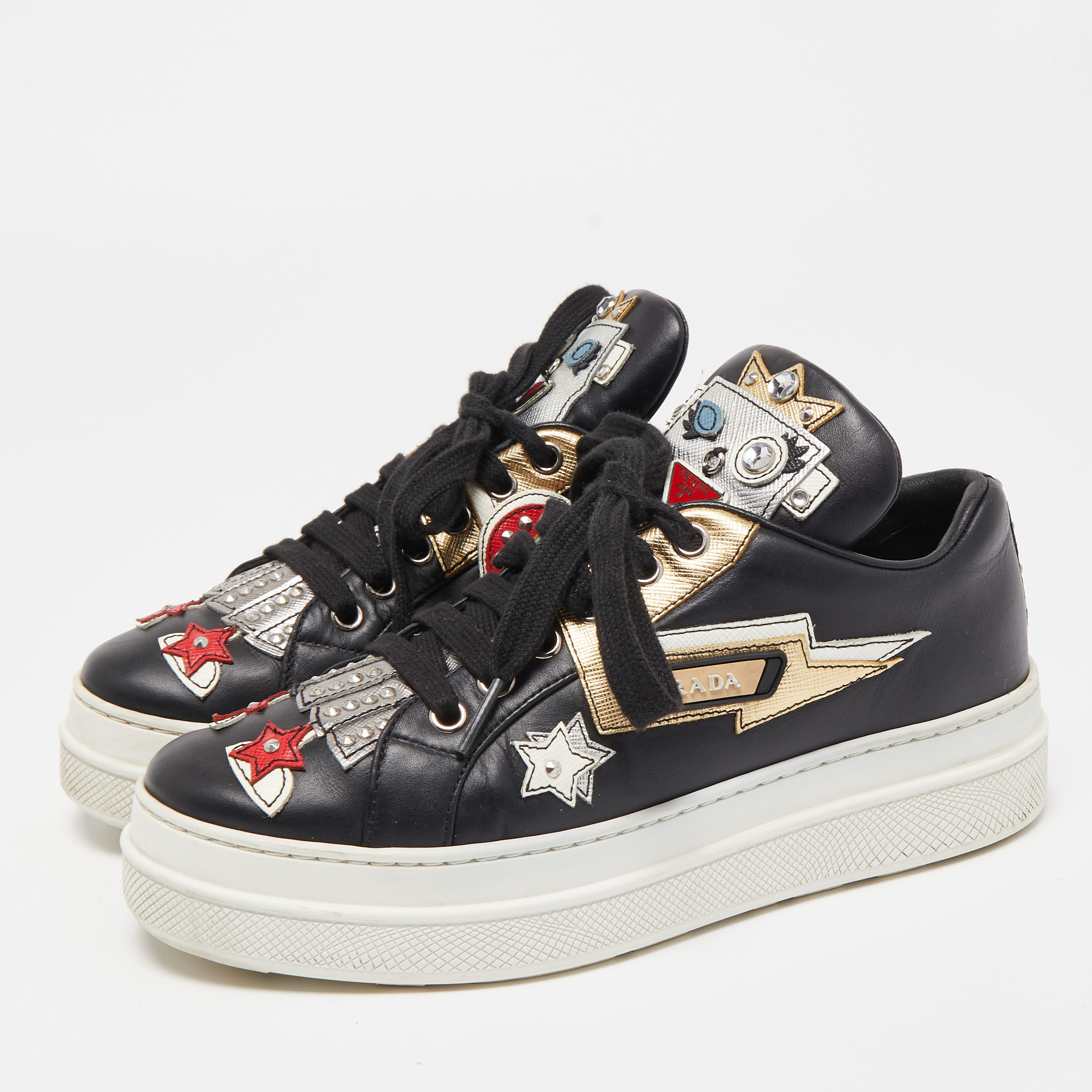 

Prada Black Leather Embellished Low Top Sneakers Size