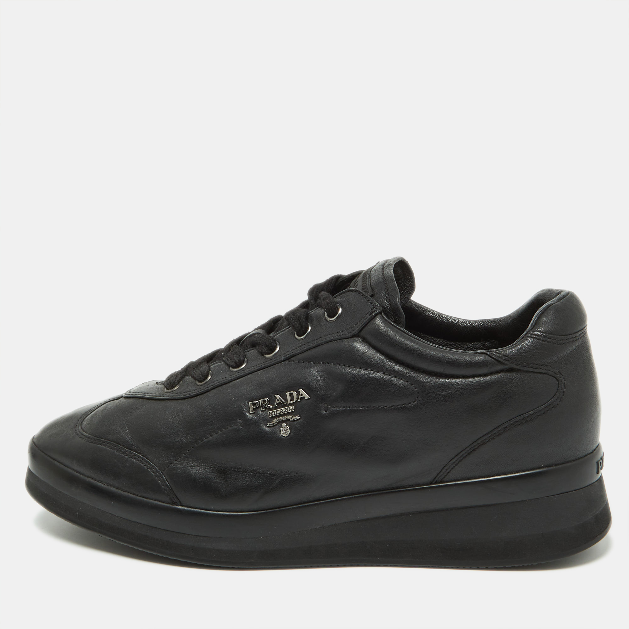Pre-owned Prada Black Leather Low Top Trainers Size 40.5