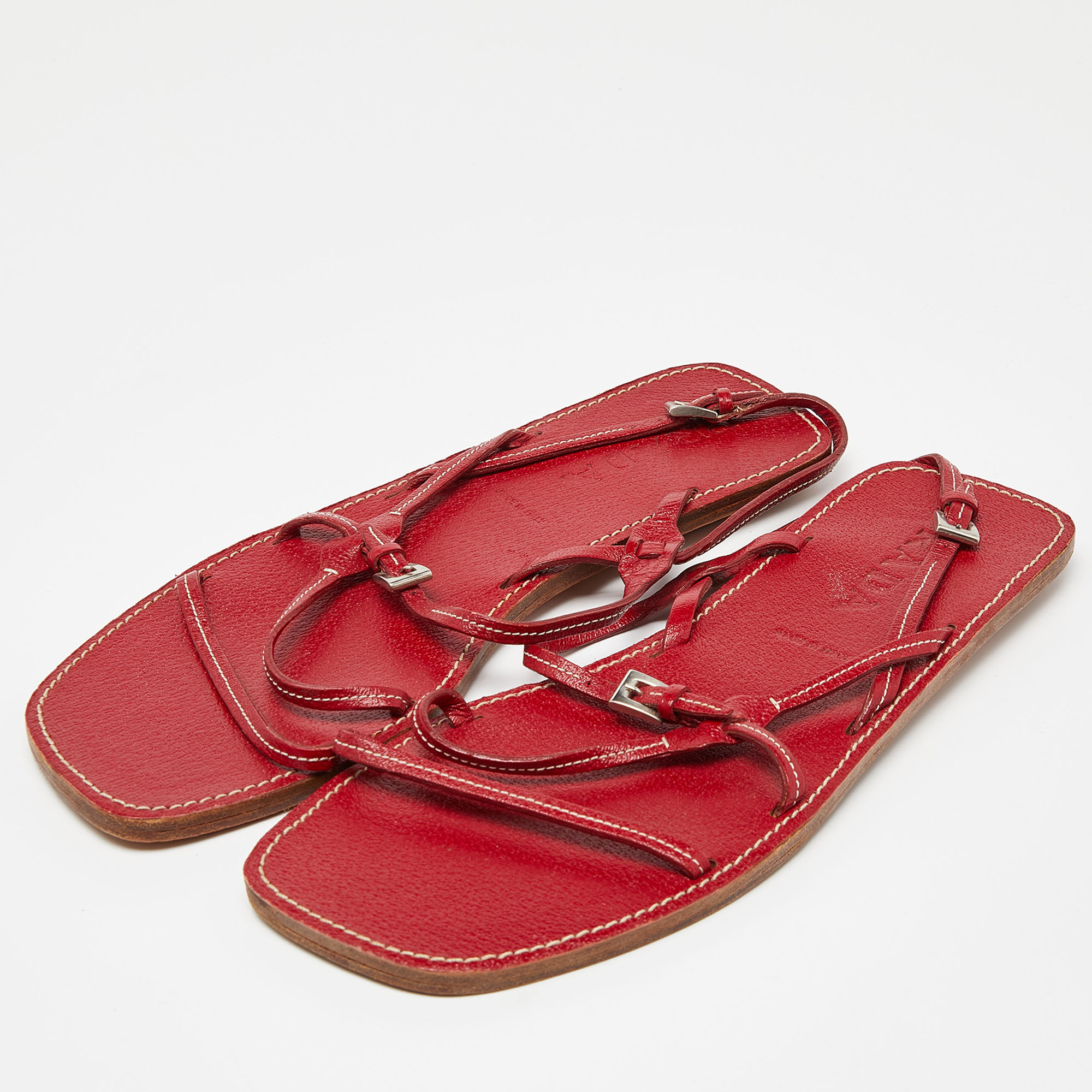 

Prada Red Leather Strappy Flat Sandals Size