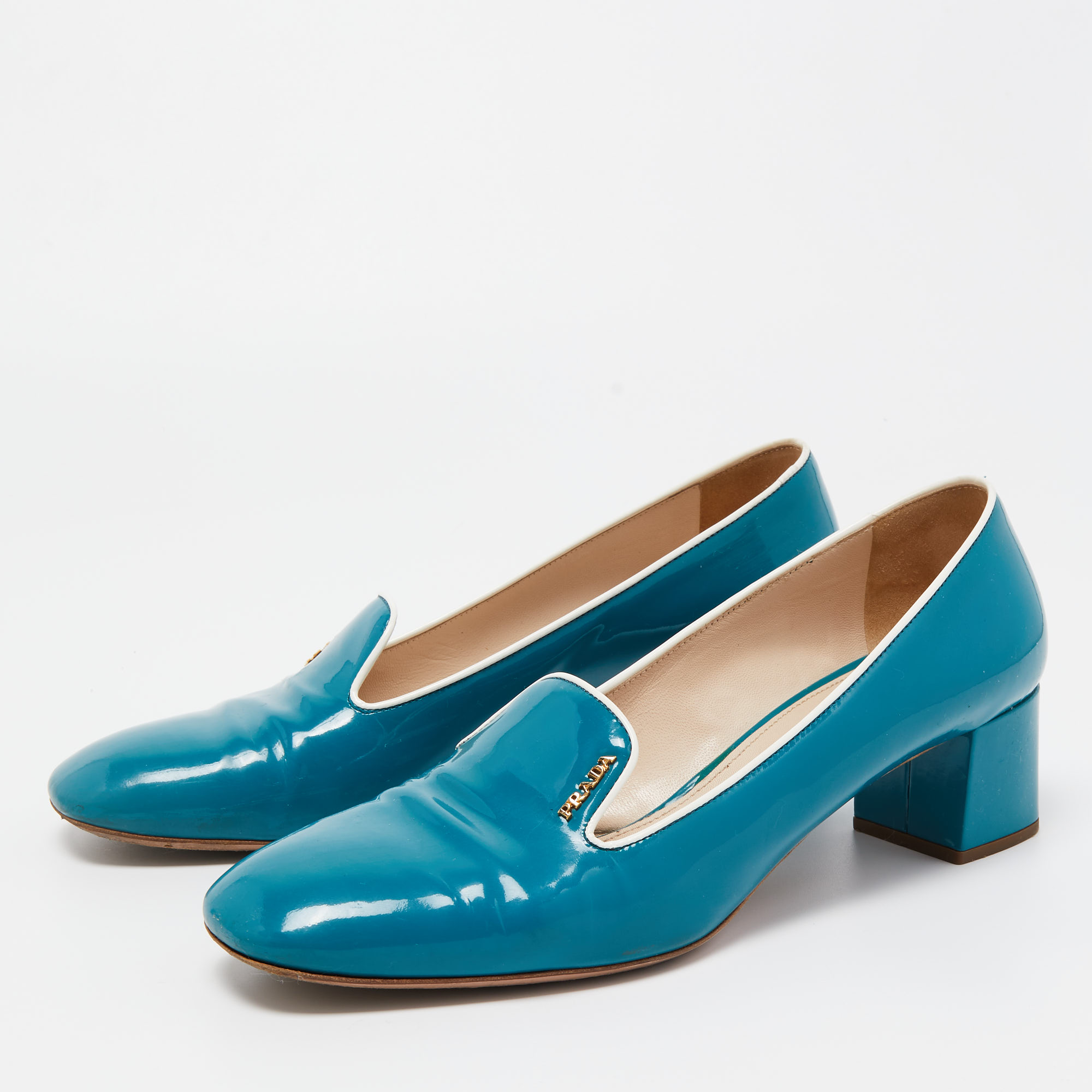 

Prada Turquois Patent Leather Block Heel Loafer Pumps Size, Blue
