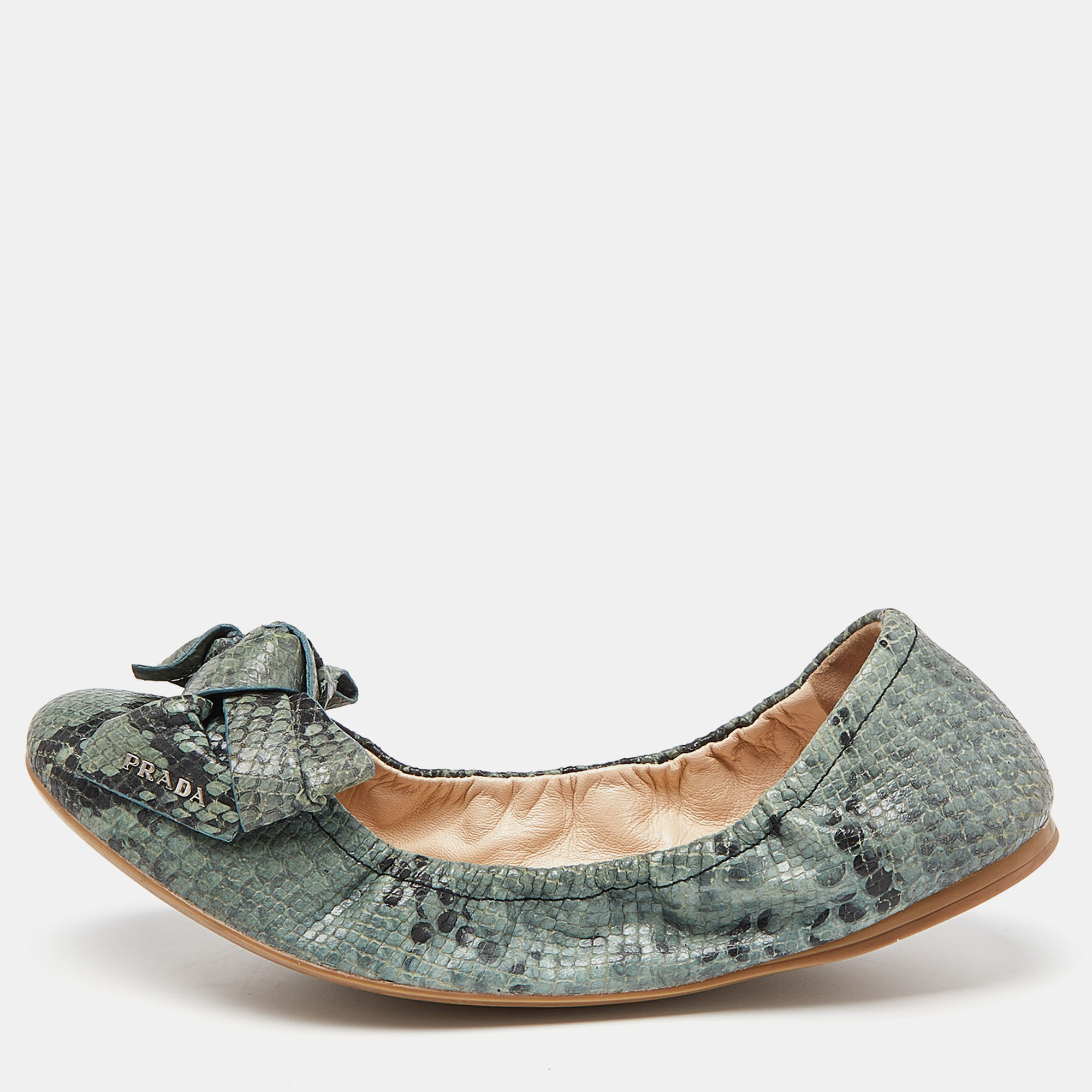 

Prada Blue Python Embossed Leather Scrunch Bow Ballet Flats Size