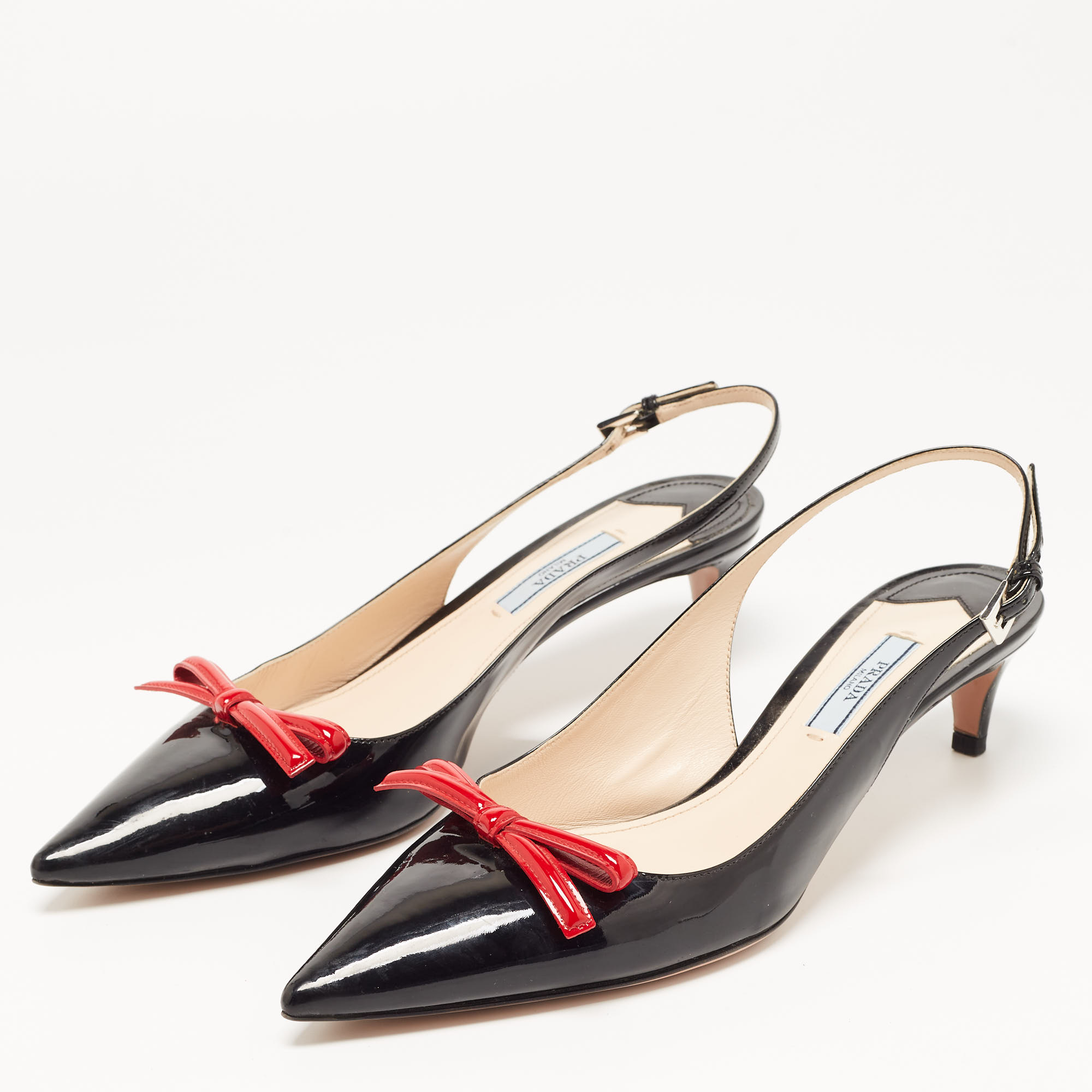 

Prada Black/Red Patent Leather Bow Pointed Toe Slingback Sandals Size