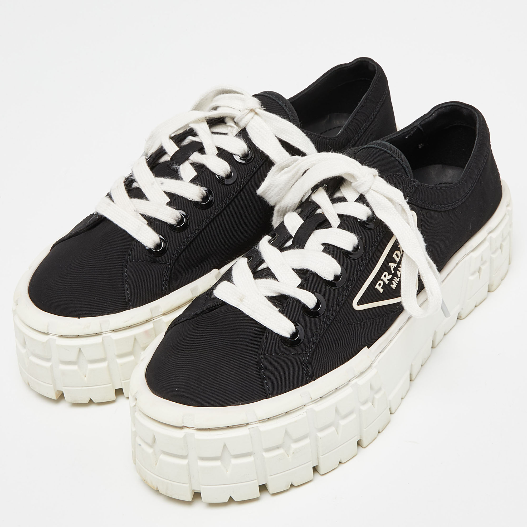 

Prada Black Canvas Double Wheel Lace Up Sneakers Size