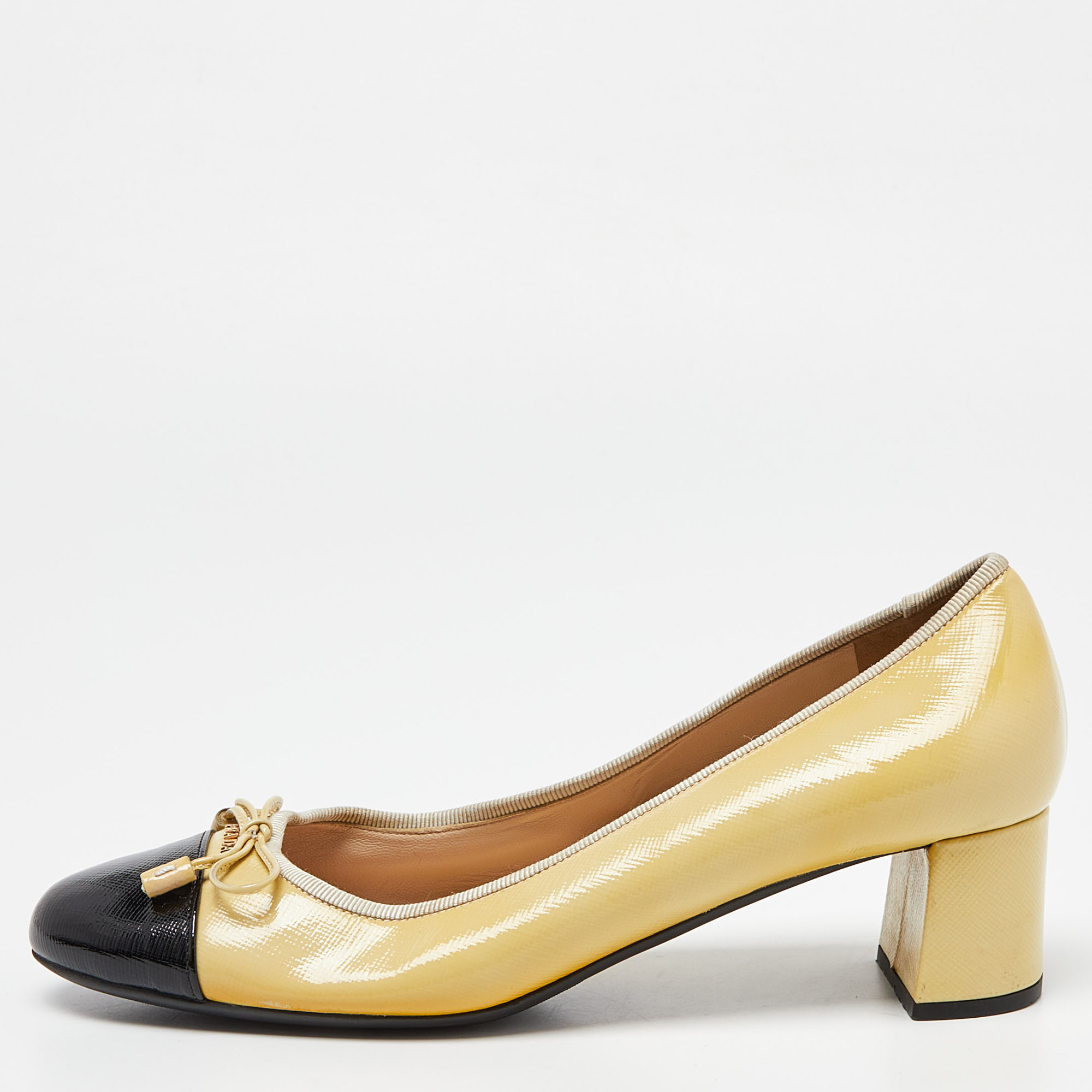 Pre-owned Prada Yellow/black Patent Leather Bow Block Heel Pumps Size 38.5