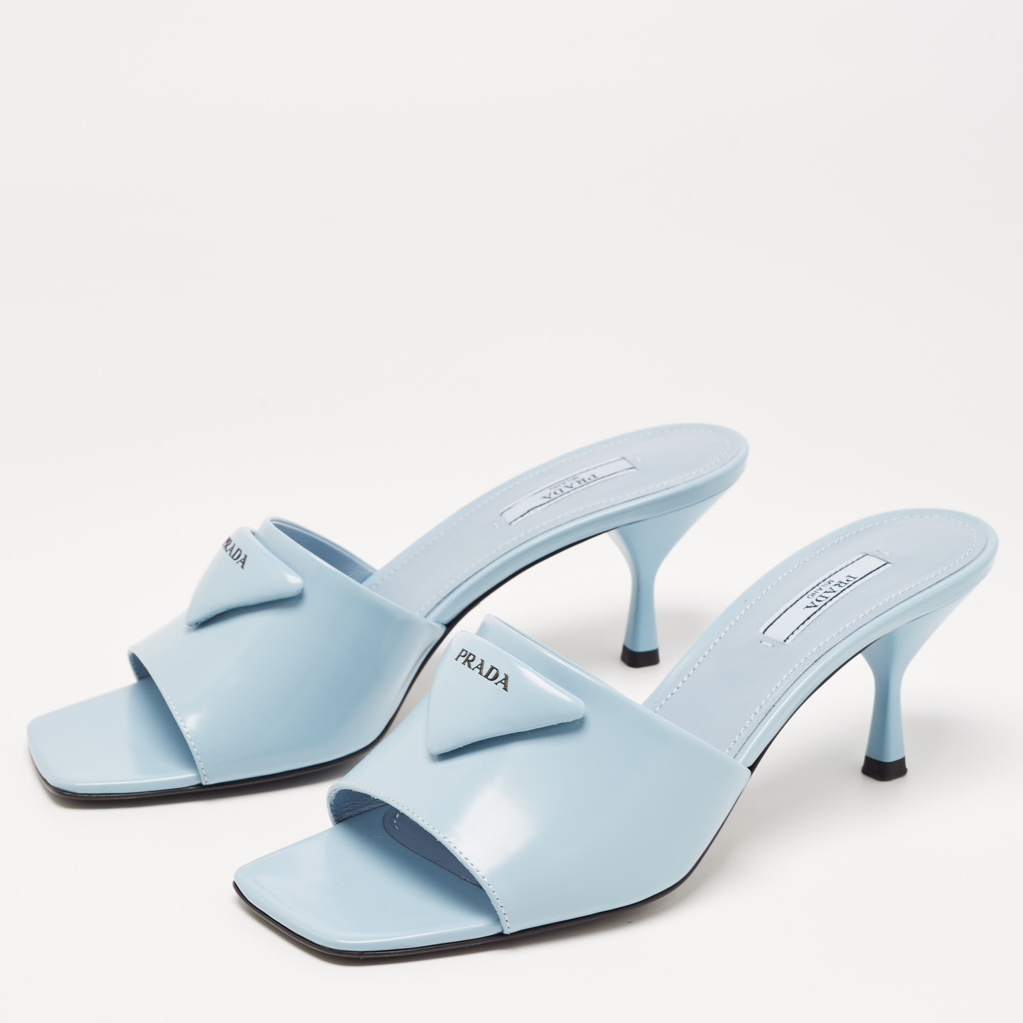 

Prada Light Blue Leather Brushed Heel Slide Sandals Size