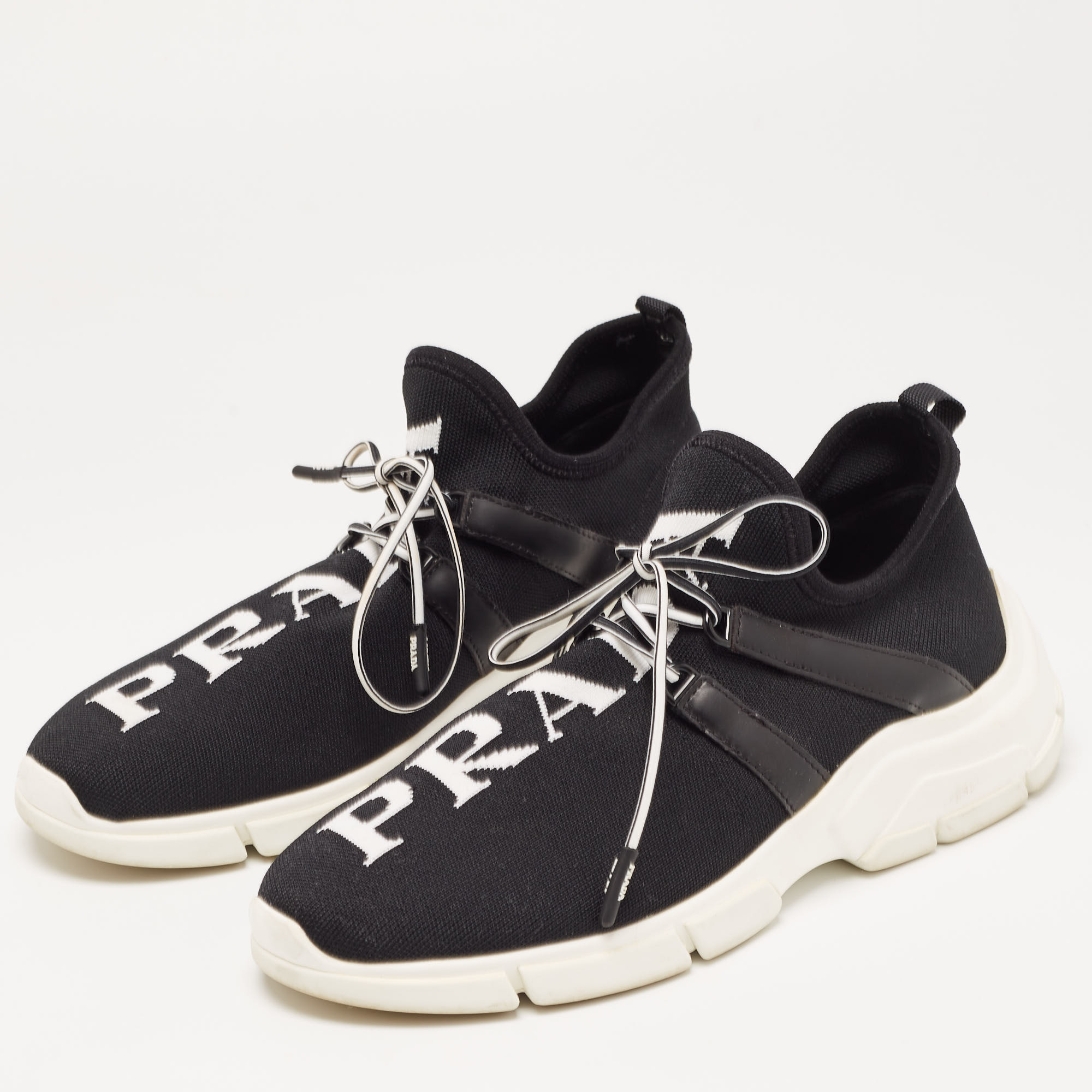 

Prada Black Logo Knit Fabric Low Top Sneakers Size