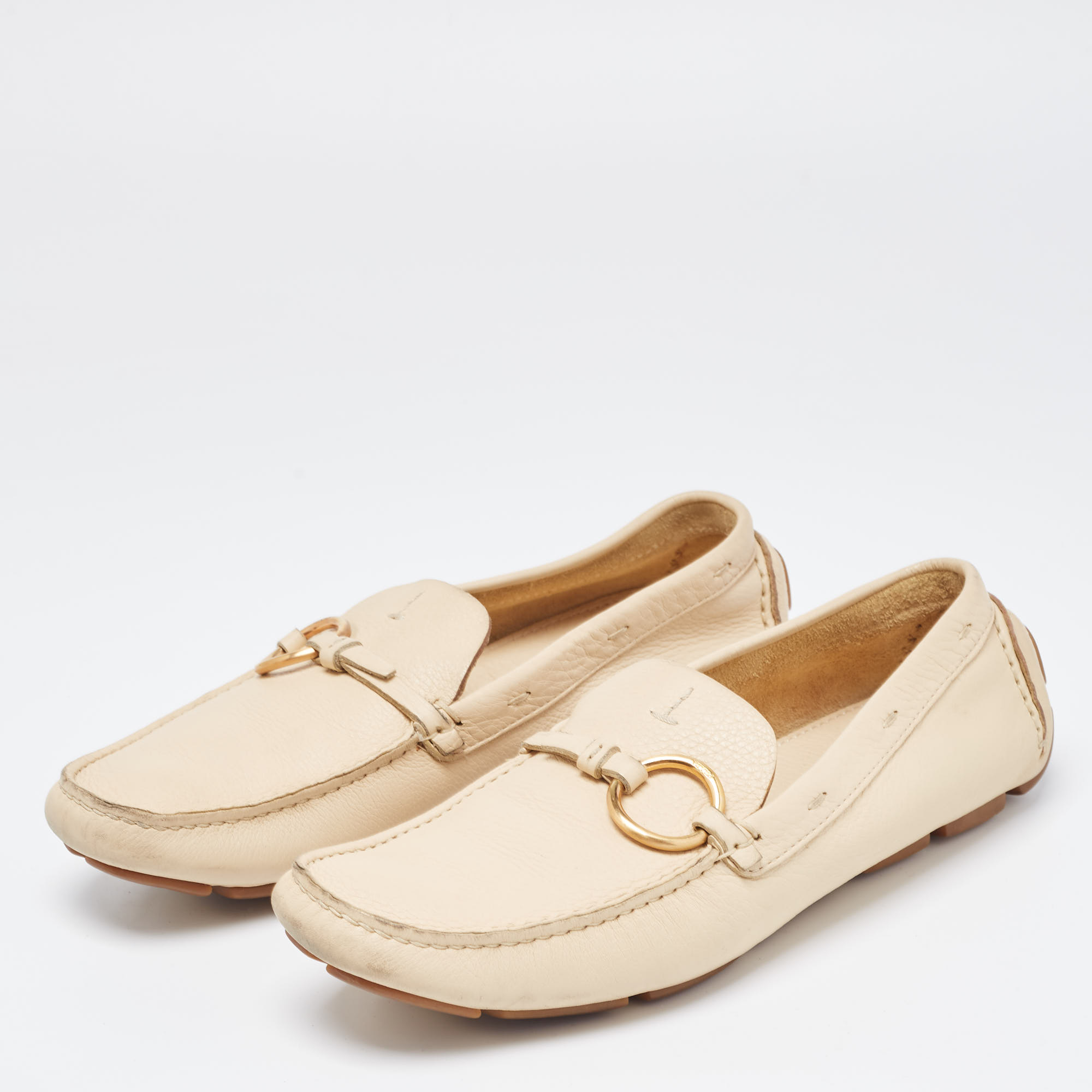 

Prada Beige Leather Ring Buckle Loafers Size