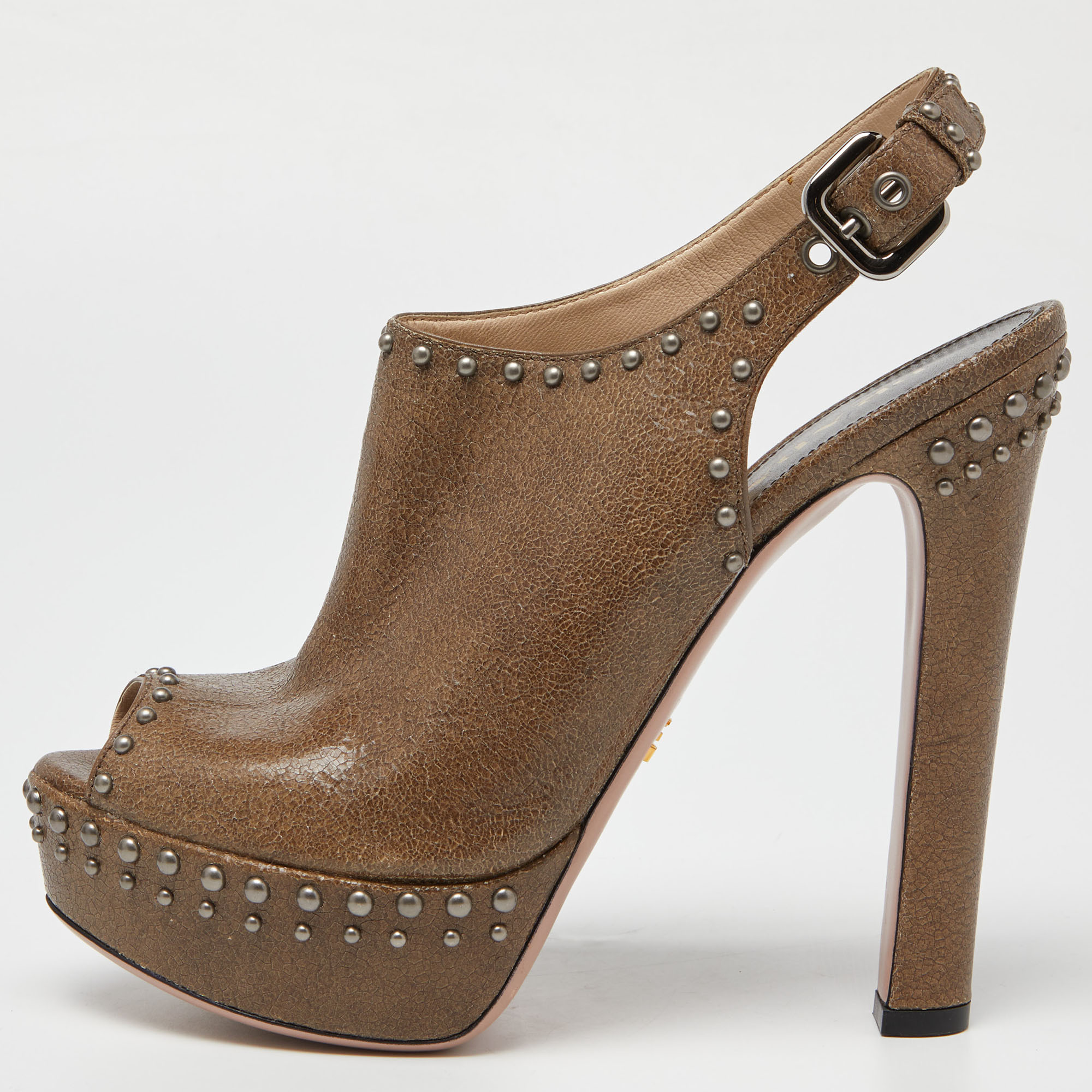 Pre-owned Prada Brown Textured Leather Studded Platform Slingback Sandals Size 38.5