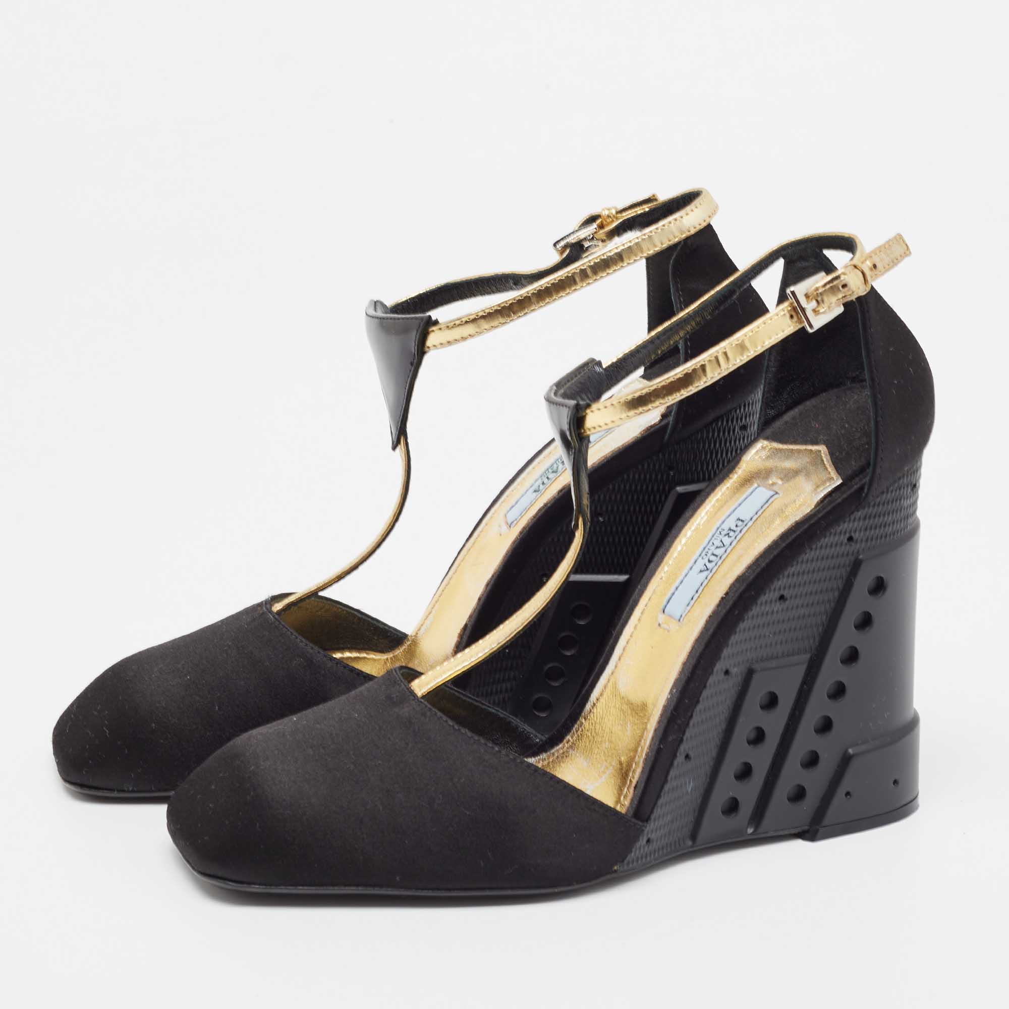 

Prada Black/Gold Suede and Leather T Strap Metal Embossed Wedge Sandals Size