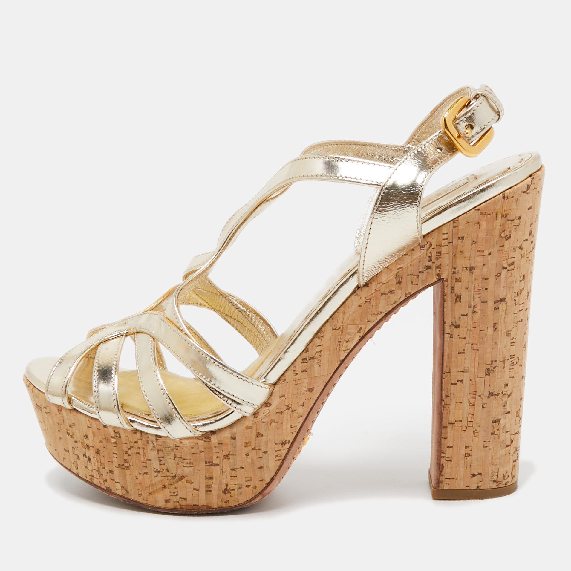 Pre-owned Prada Metallic Gold Leather Cork Waged Sandals Size 40