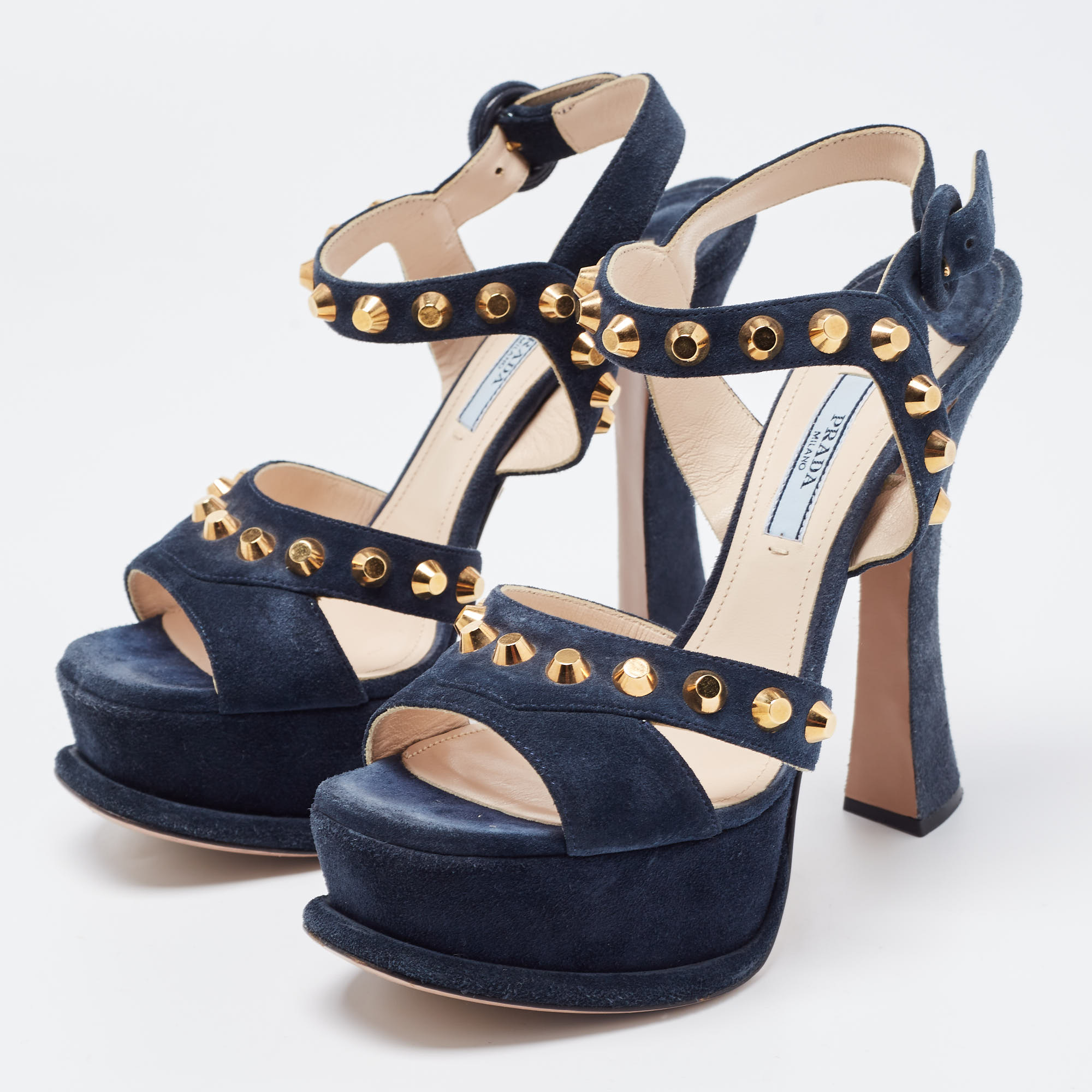 

Prada Dark Blue Suede Studded Ankle Strap Platform Sandals Size, Navy blue