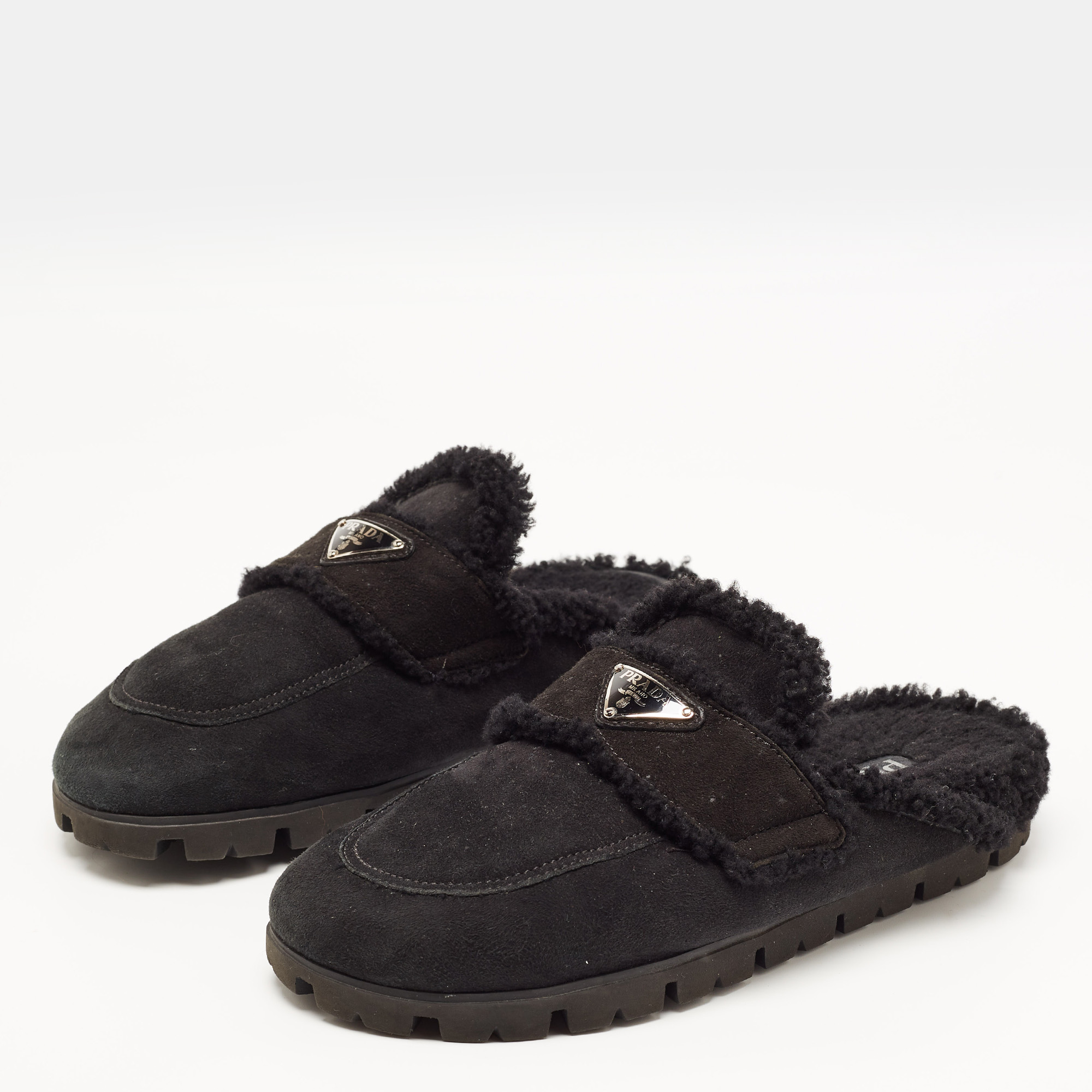 

Prada Black Suede and Shearling Fur Lined Flat Mules Size