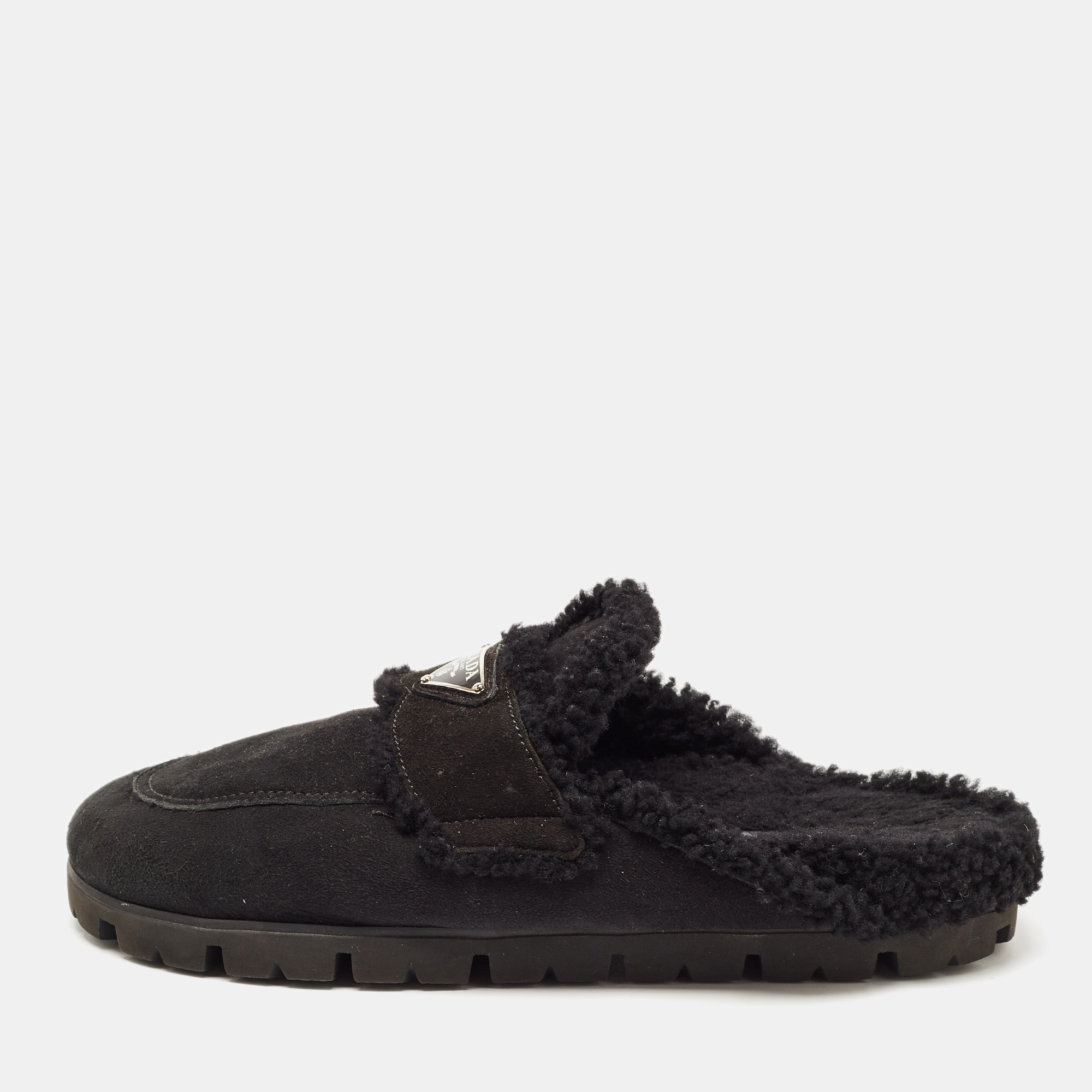 Prada Black Suede and Shearling Fur Lined Flat Mules Size 39 Prada Black Suede and Shearling Fur Lined Flat Mules Size 39