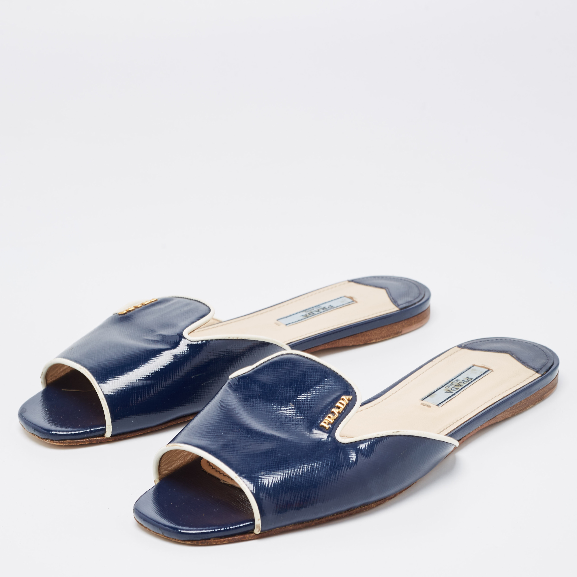 

Prada Navy Blue Patent Flat Slides Size