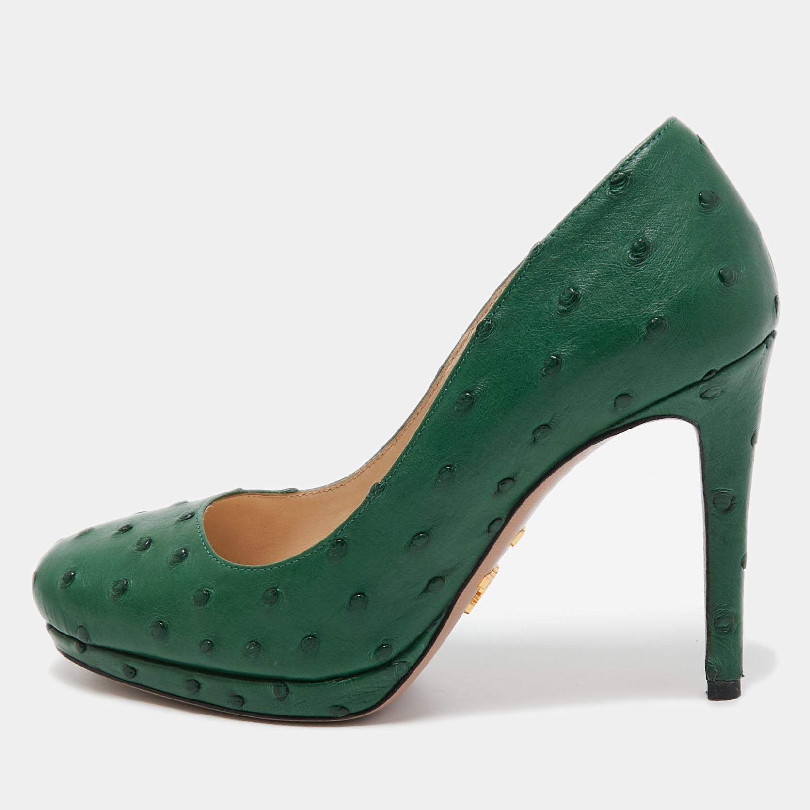 Pre-owned Prada Green Ostrich Leather Round Toe Pumps Size 36