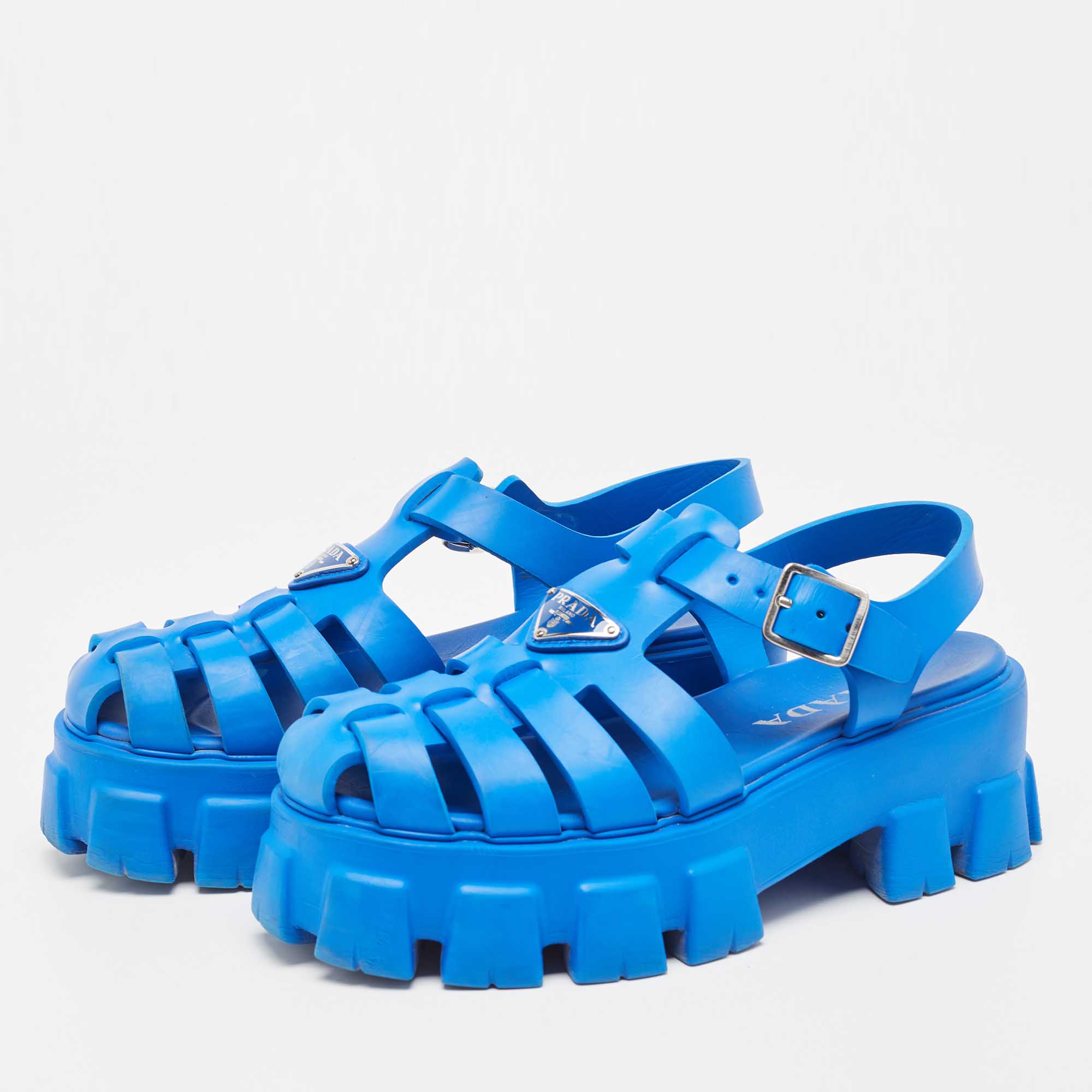 

Prada Blue Rubber Monolith Sandals Size