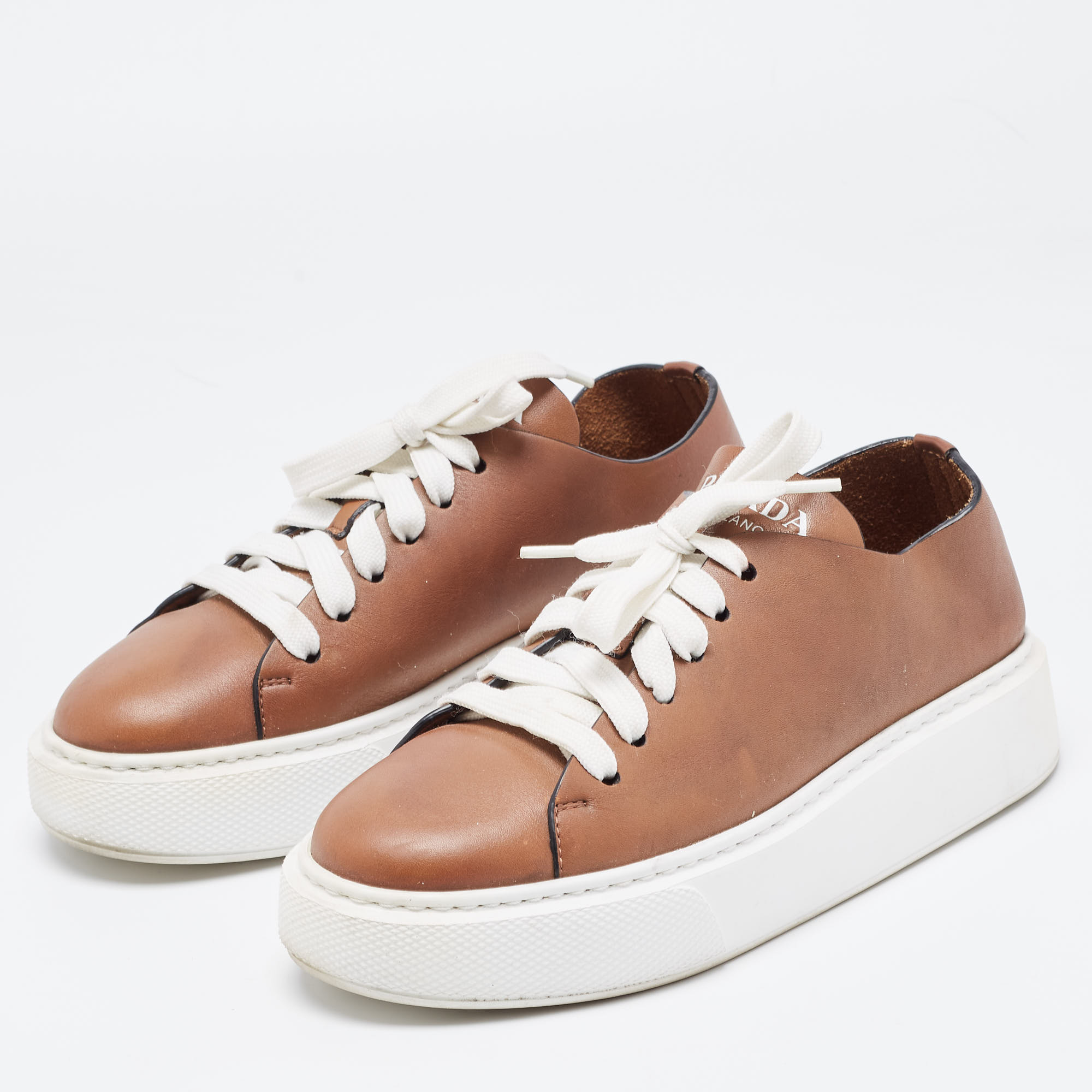 

Prada Brown Leather Platform Low Top Sneakers Size