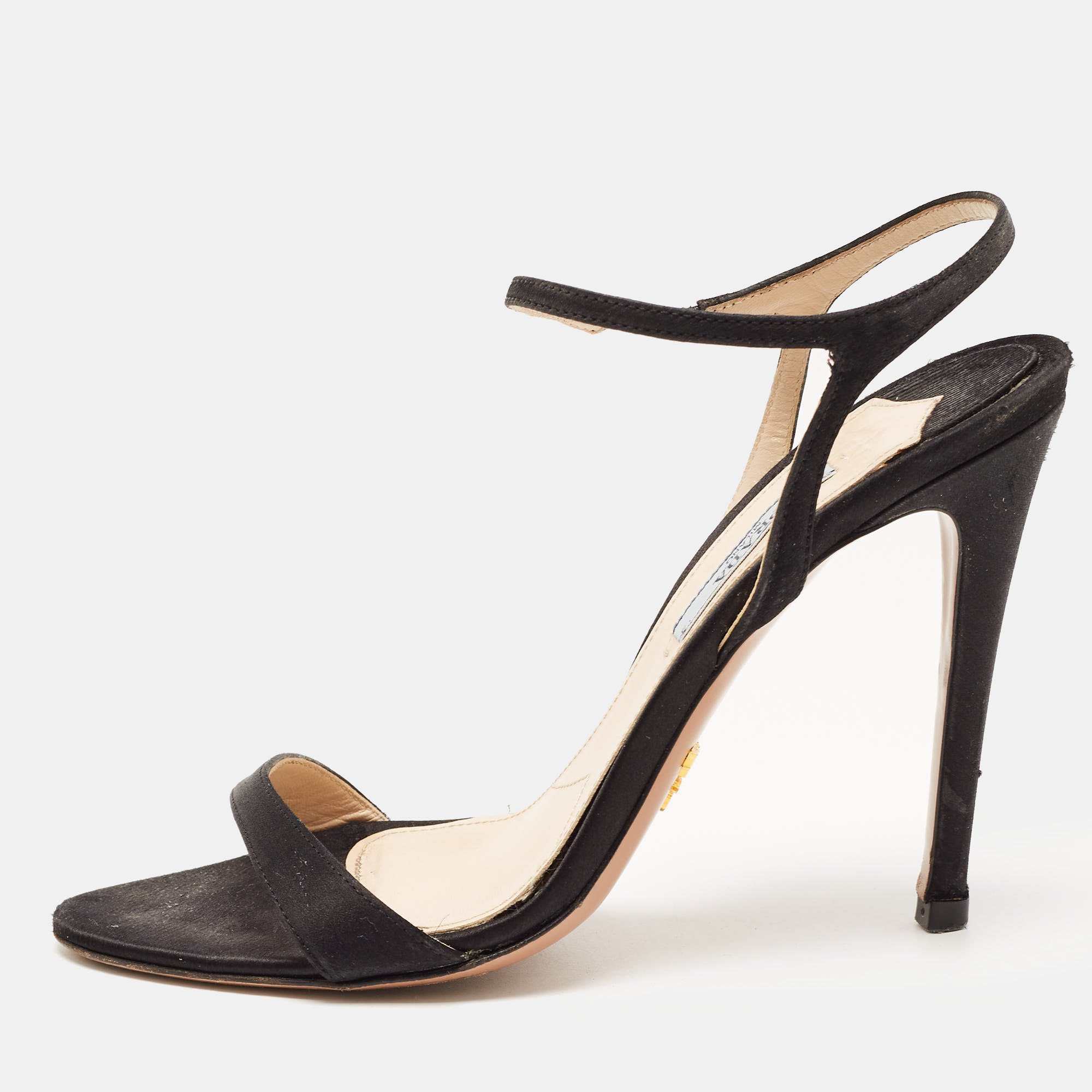 Pre-owned Prada Black Satin Ankle Strap Sandals Size 37.5