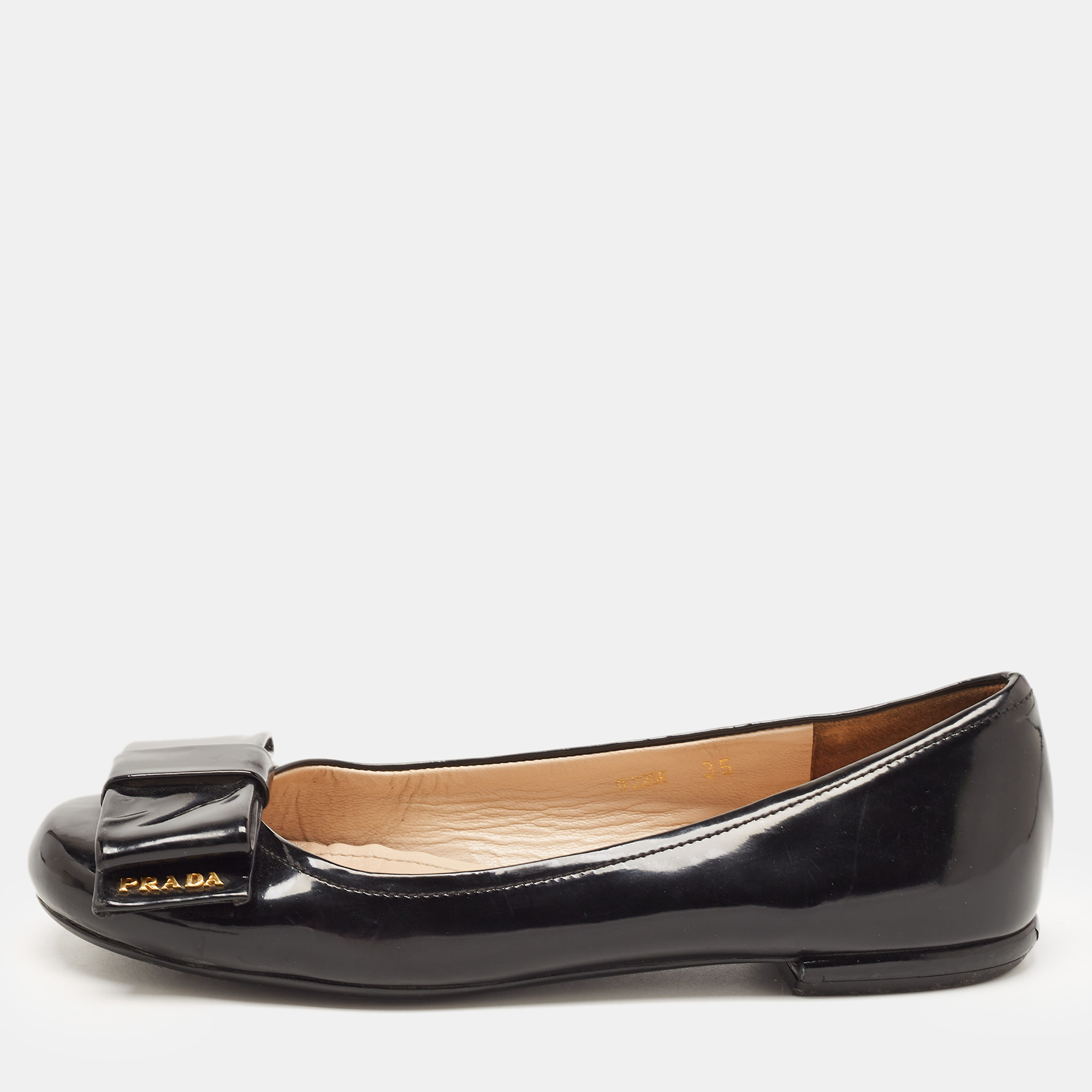 Pre-owned Prada Black Patent Leather Bow Ballet Flats Size 35