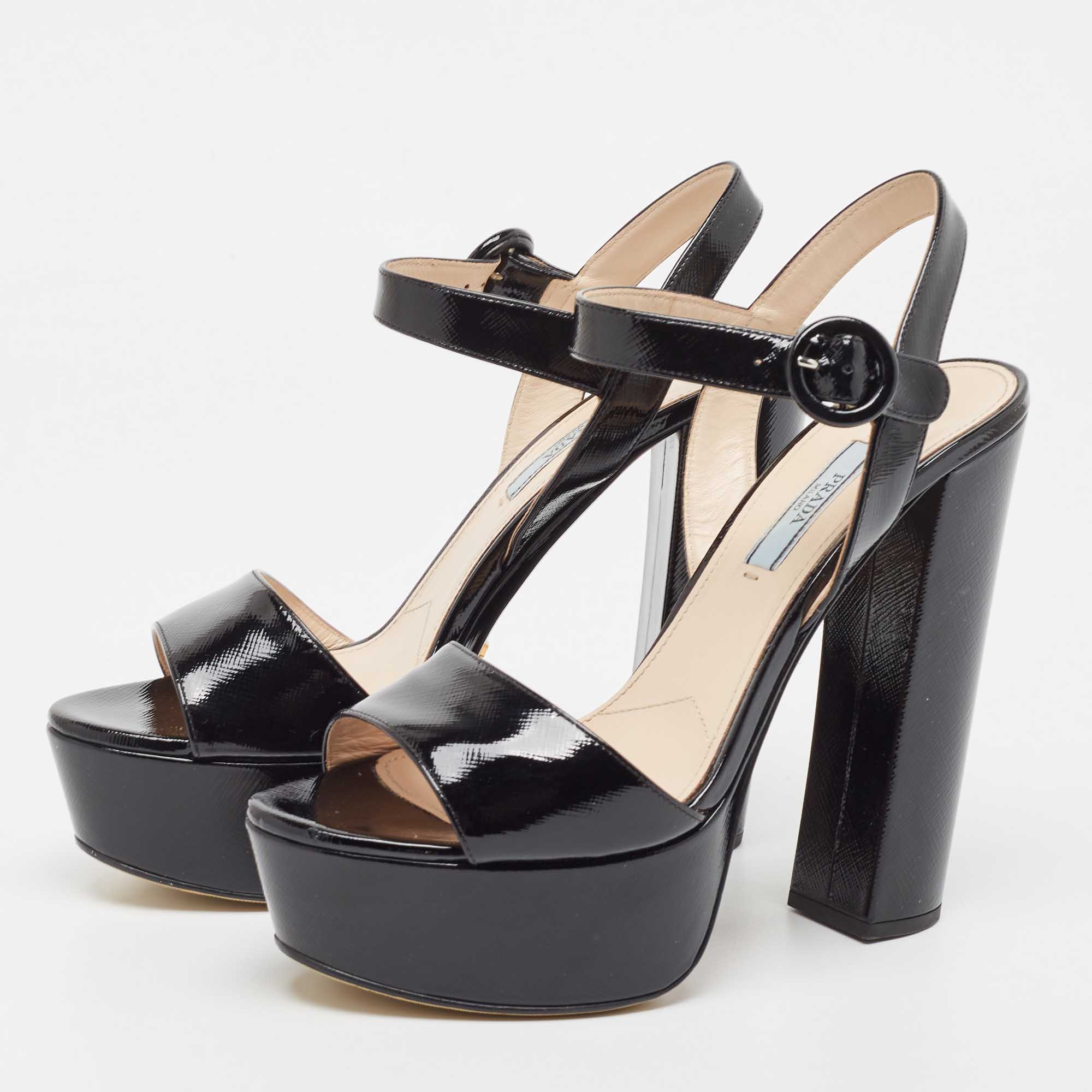 

Prada Black Patent Leather Platform Ankle Strap Sandals Size