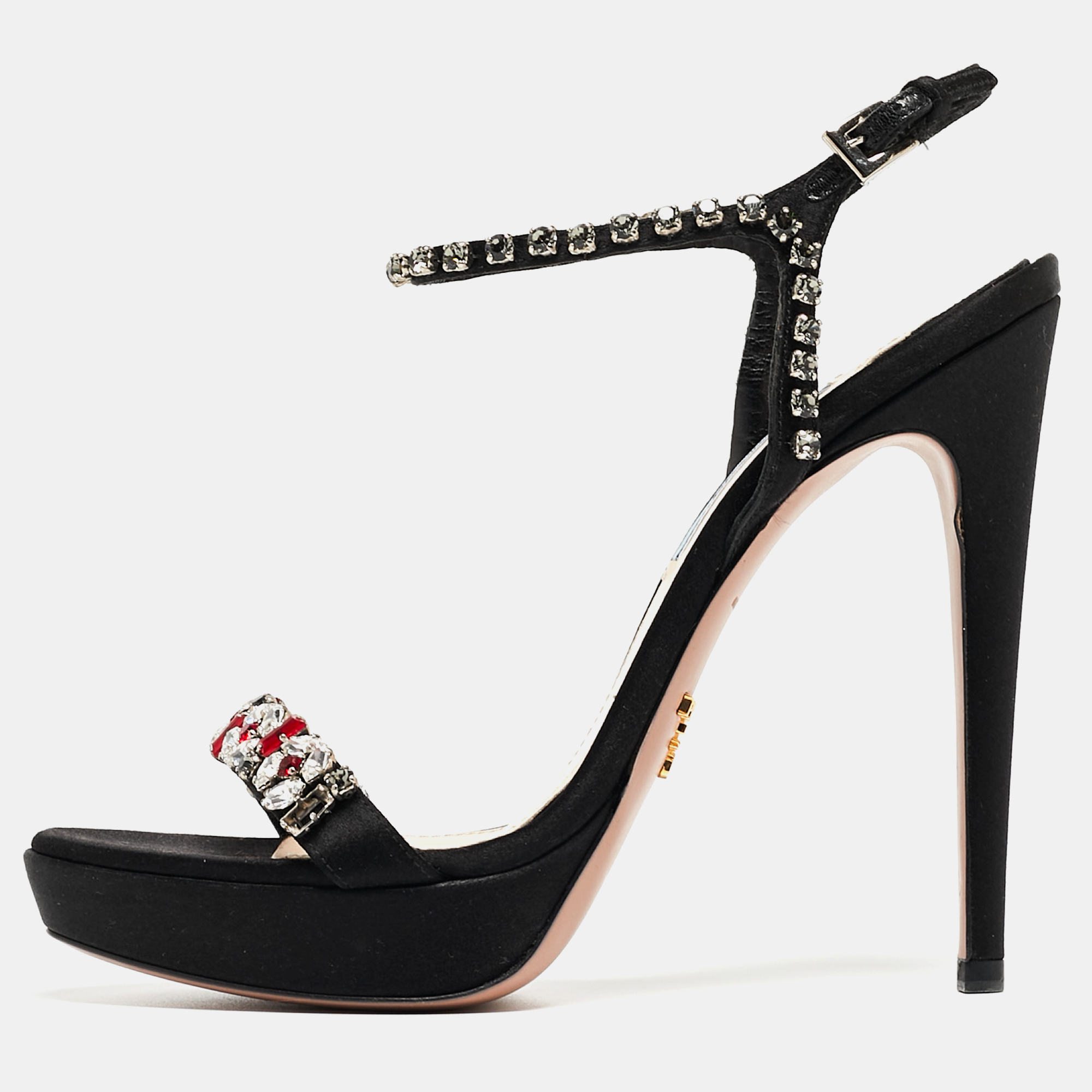 

Prada Black Satin Crystal Embellished Ankle Strap Sandals Size