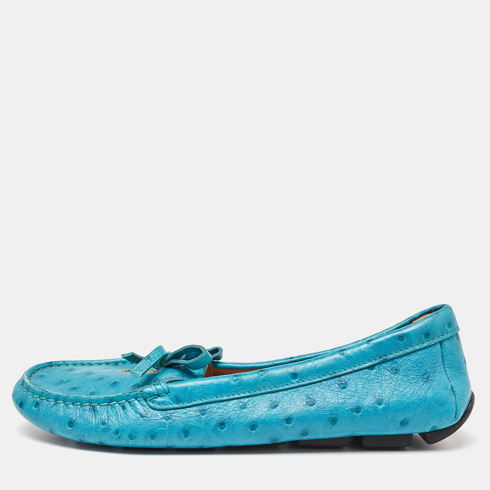 

Prada Blue Embossed Ostrich Bow Slip On Loafers Size