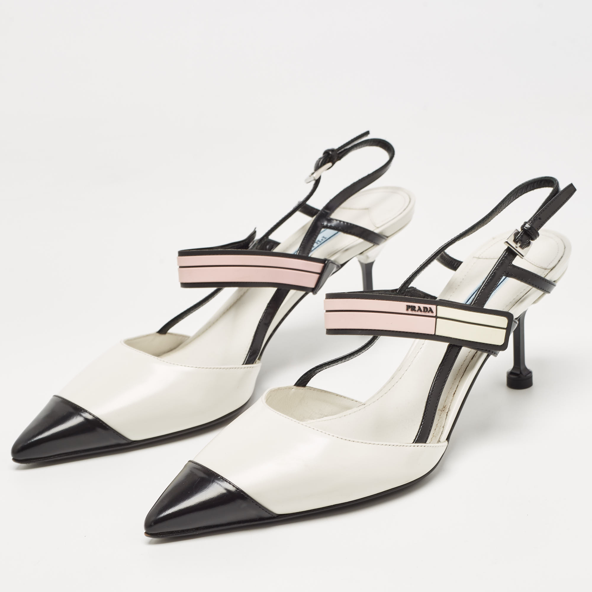 

Prada White/Black Leather Slingback Pumps Size