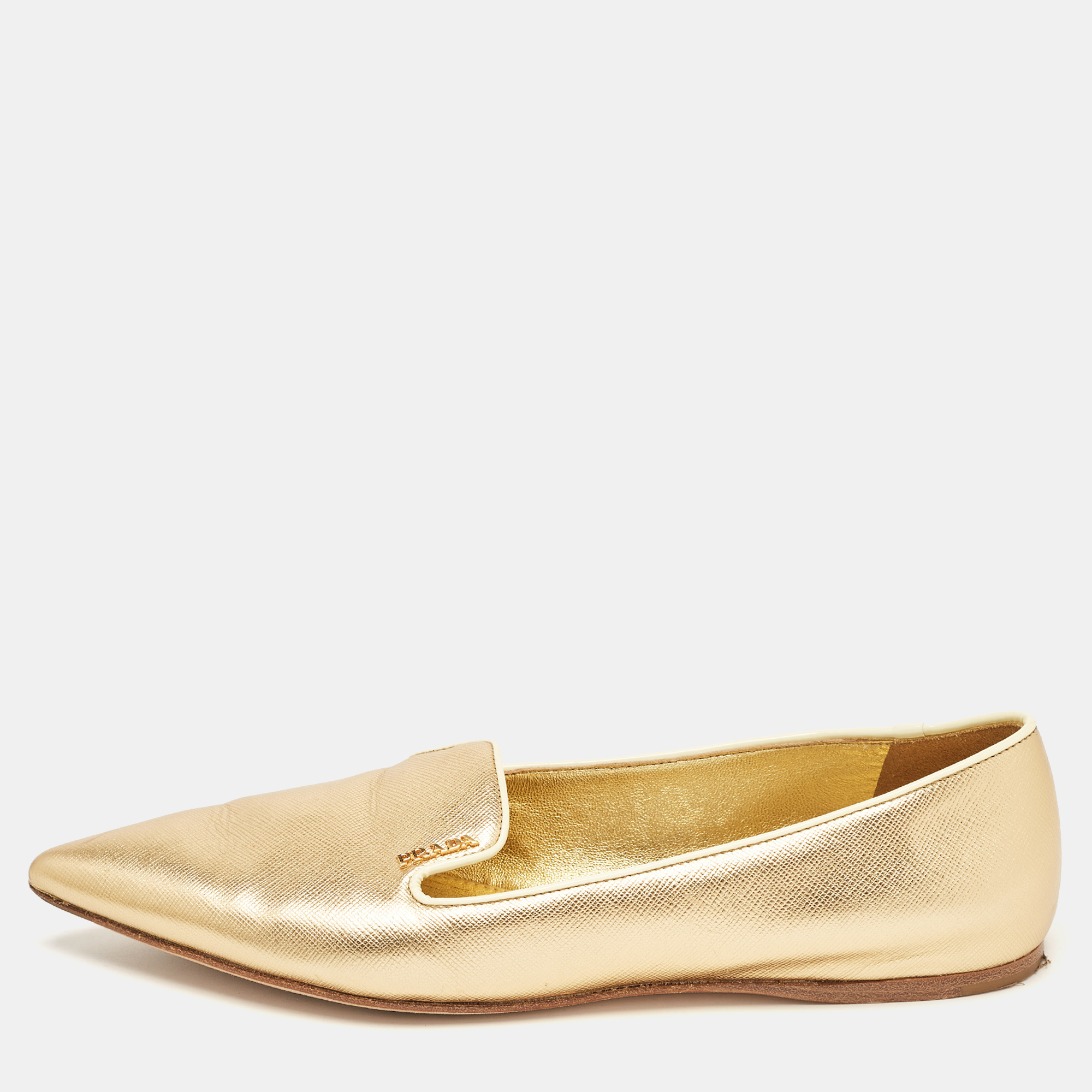 

Prada Gold Saffiano Leather Pointed Toe Ballet Flats Size