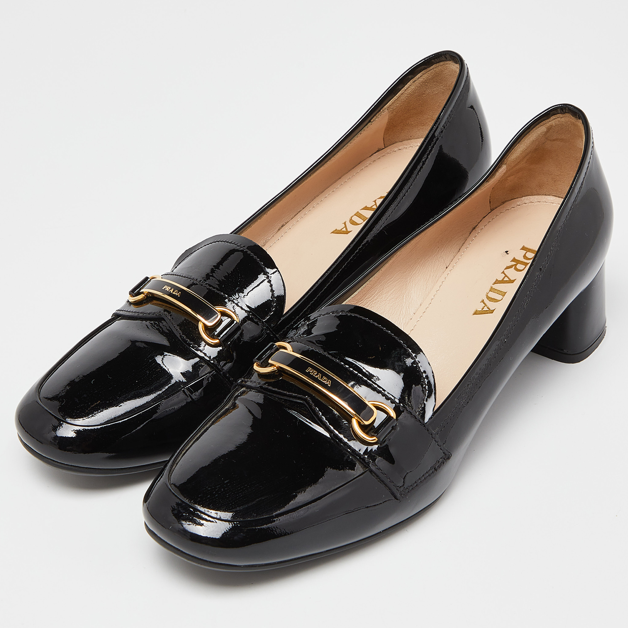

Prada Black Patent Leather Block Heel Loafer Pumps Size