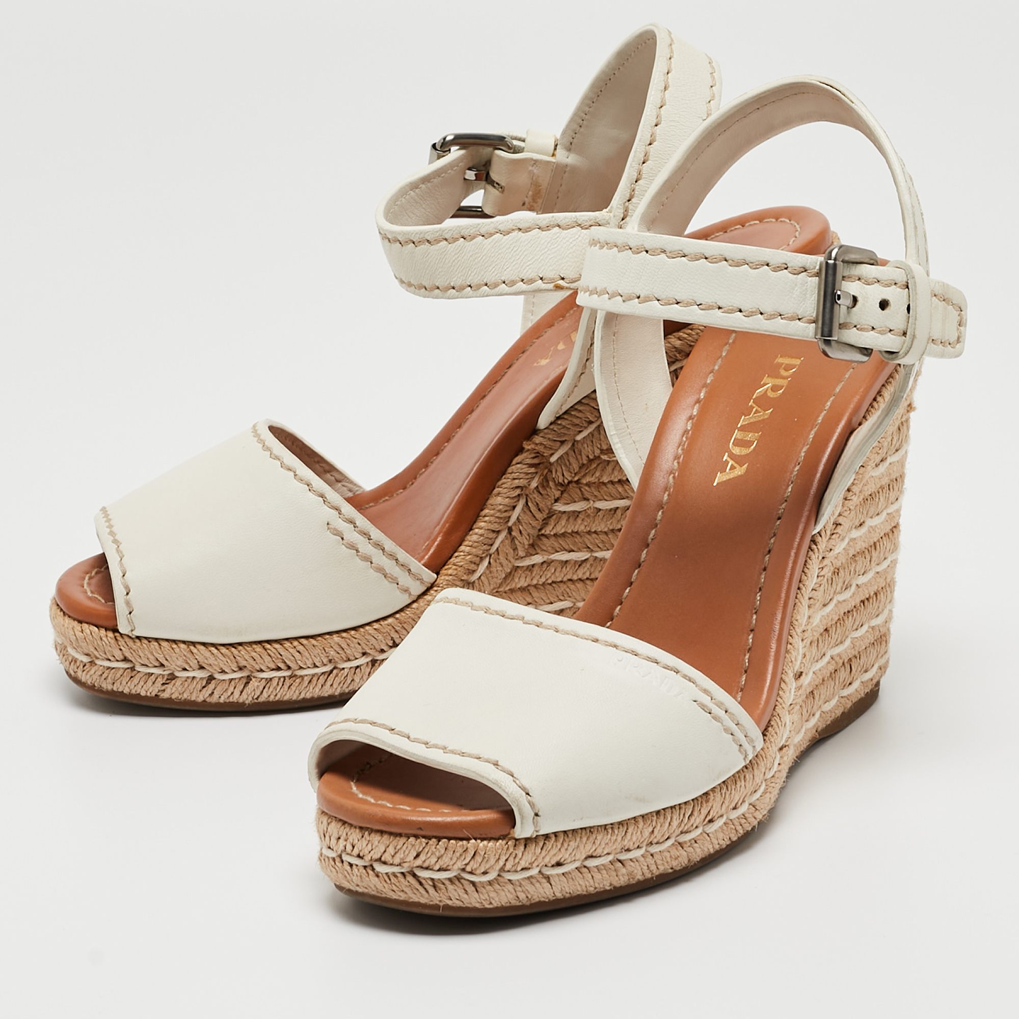 

Prada White Leather Espadrille Wedge Ankle Strap Sandals Size