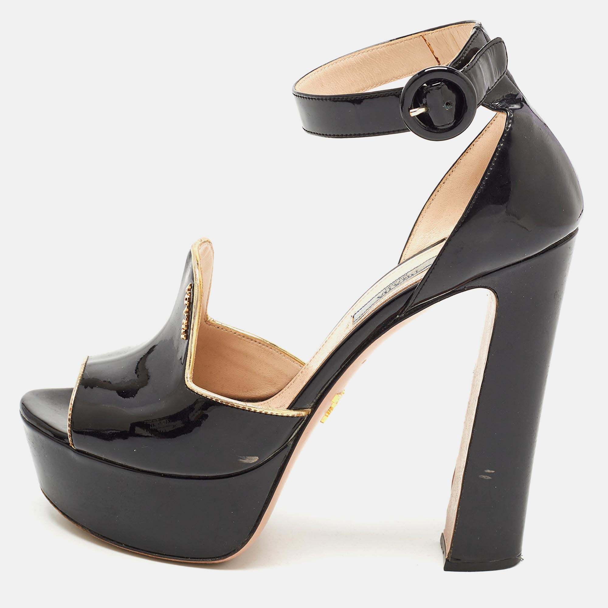 Pre-owned Prada Black Patent Leather Ankle Strap Platform Sandals Size 38