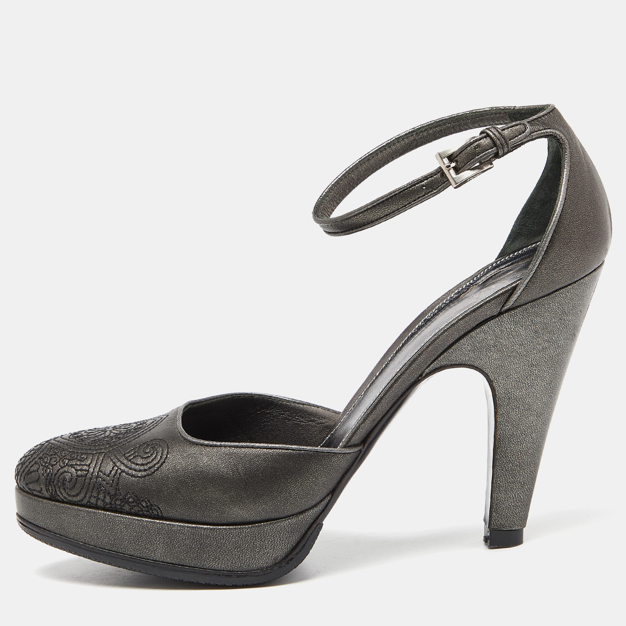 Pre-owned Prada Metallic Dark Grey Leather Ankle Strap Platform Sandals Size 37.5