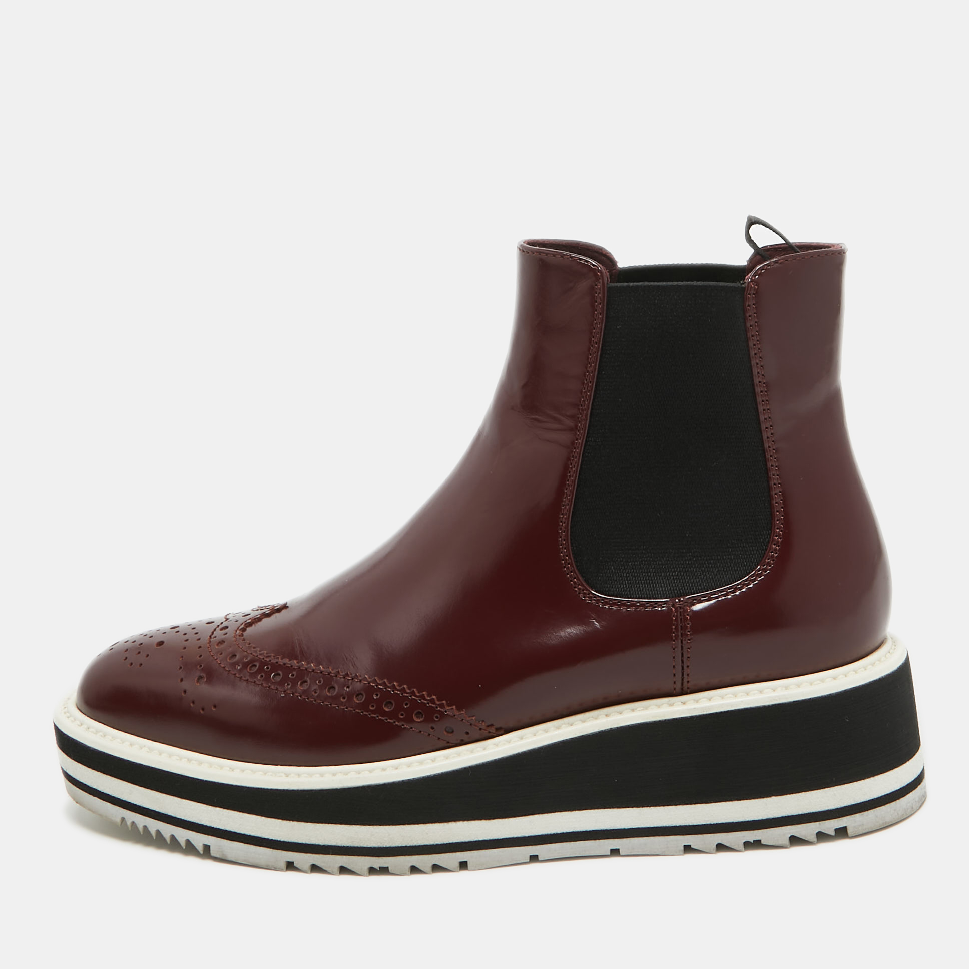 Pre-owned Prada Maroon Leather Brogue Ankle Boots Size 35 In Burgundy