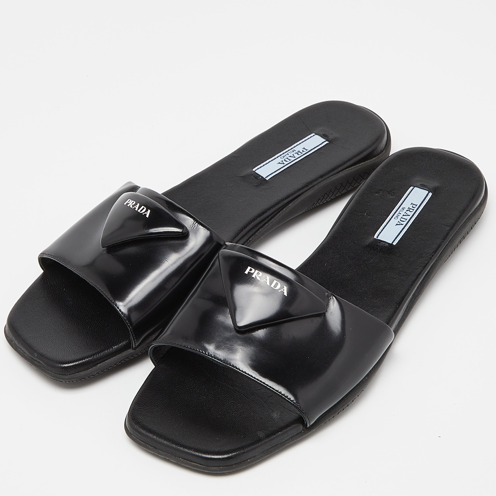 

Prada Black Patent Leather Flat Slides Size