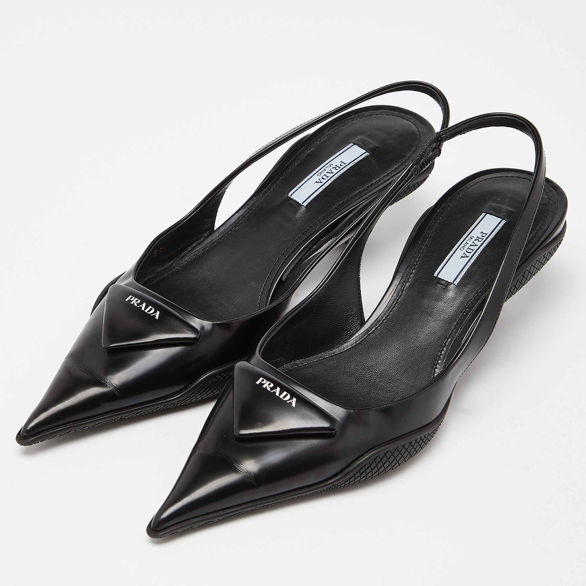 

Prada Black Leather Triangle Logo Kitten Heel Slingback Sandals Size