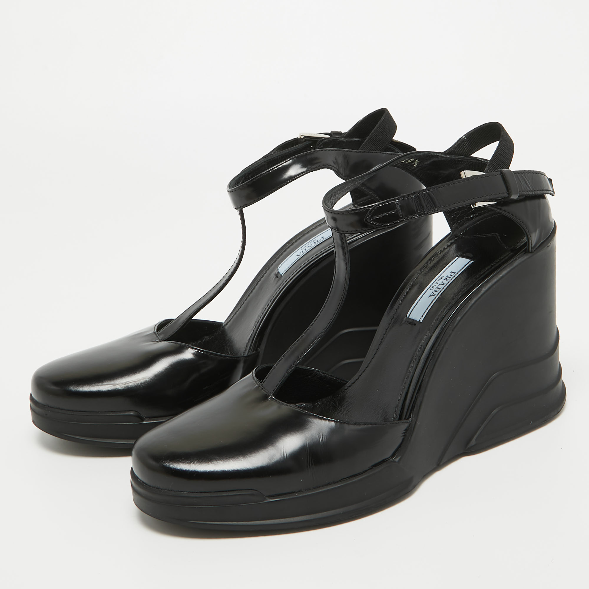 

Prada Black Leather T-Strap Wedge Sandals Size