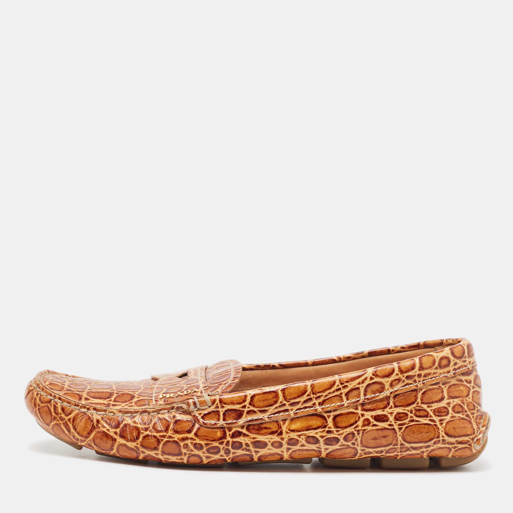 

Prada Brown Crocodile Leather Slip On Loafers Size