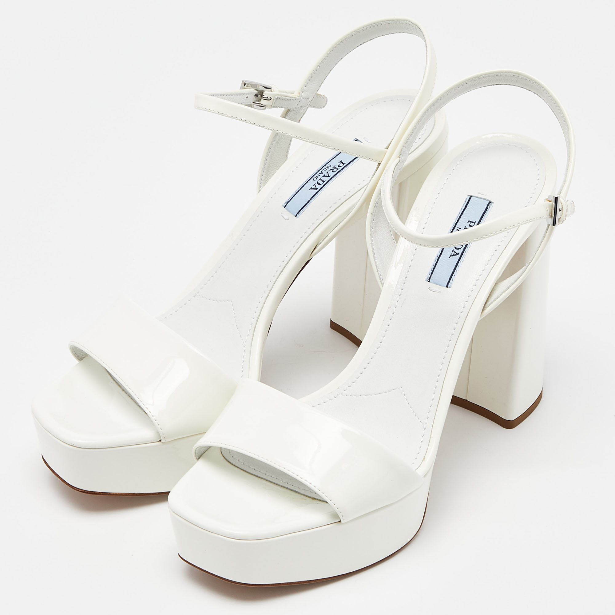 

Prada White Patent Leather Ankle Strap Block Heel Platform Sandals Size