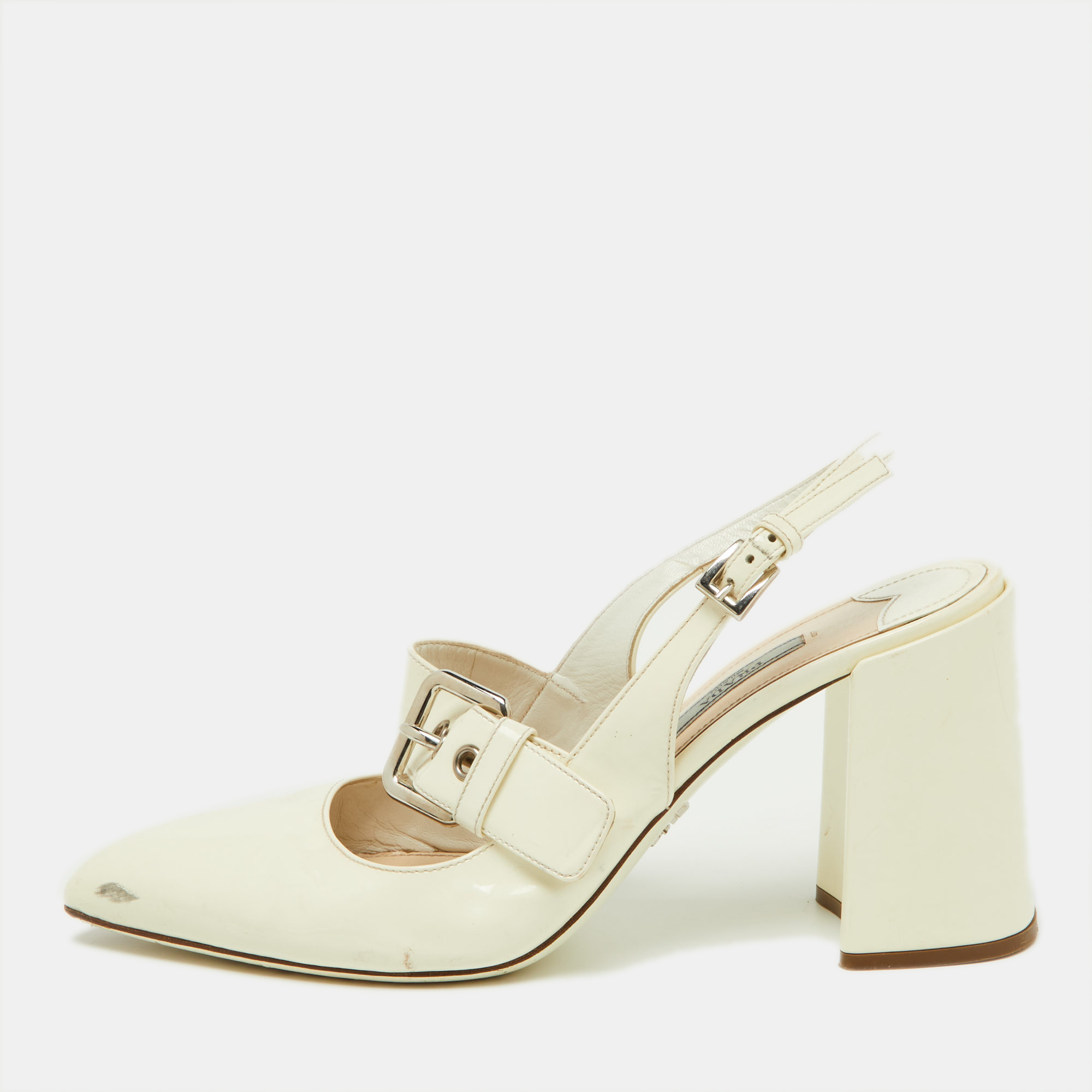 

Prada Off White Patent Leather Mary Jane Slingback Block Heel Pumps Size