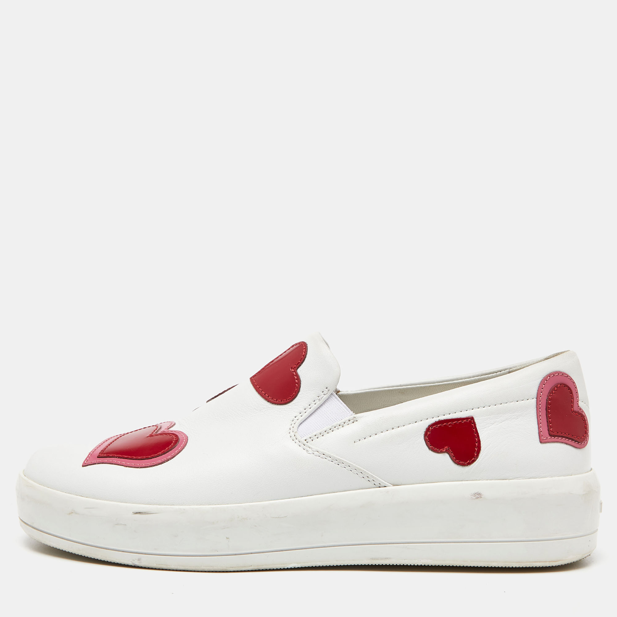 Pre-owned Prada White Leather Heart Slip On Sneakers Size 36.5