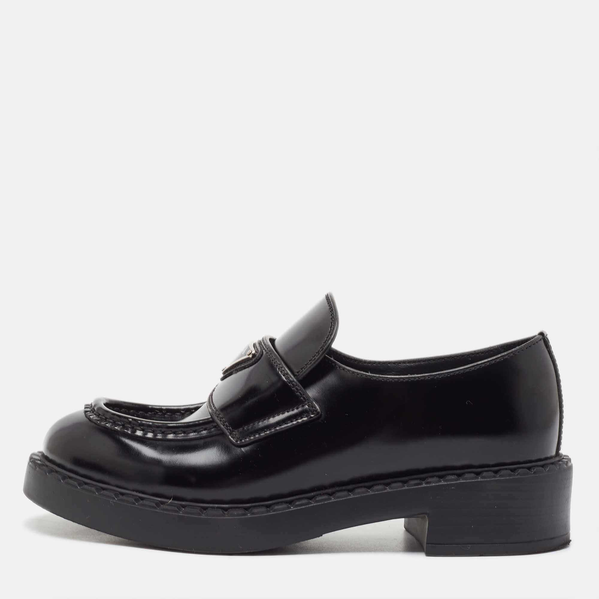 Pre Owned Prada Black Leather Slip On Loafers Size 35.5 