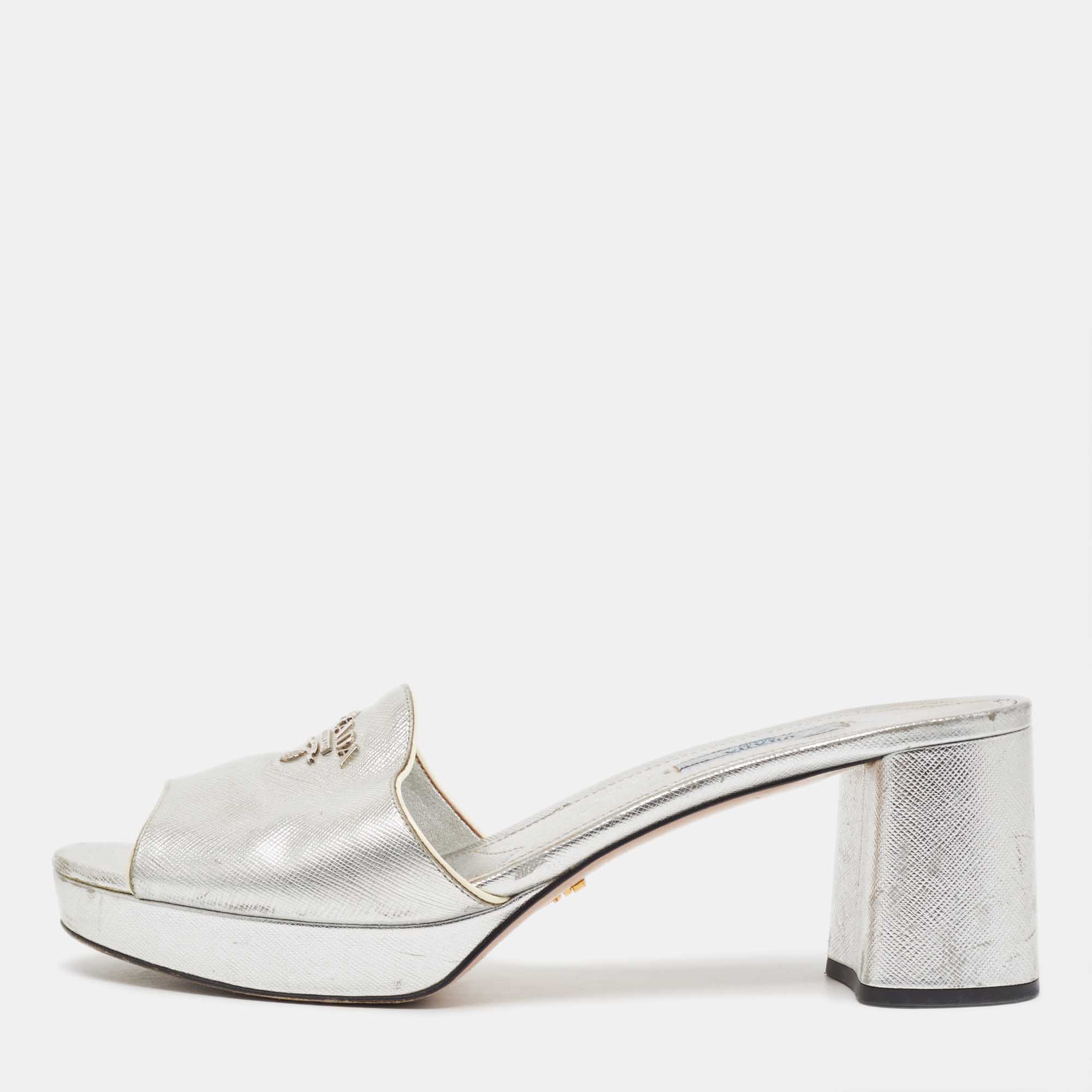 Pre-owned Prada Silver Leather Platform Slide Sandals Size 41