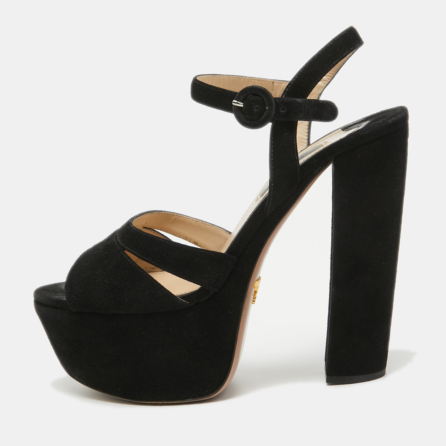Pre-owned Prada Black Suede Platform Ankle Strap Sandals Size 39.5