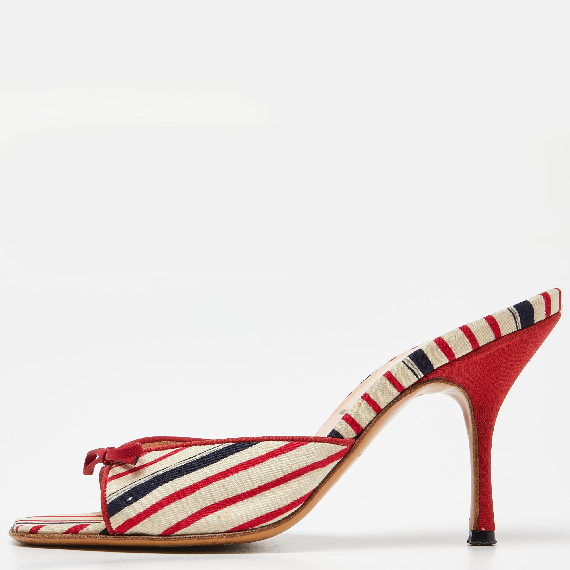 Pre-owned Prada Tri Color Stripe Fabric Bow Slide Sandals Size 35 In Multicolor