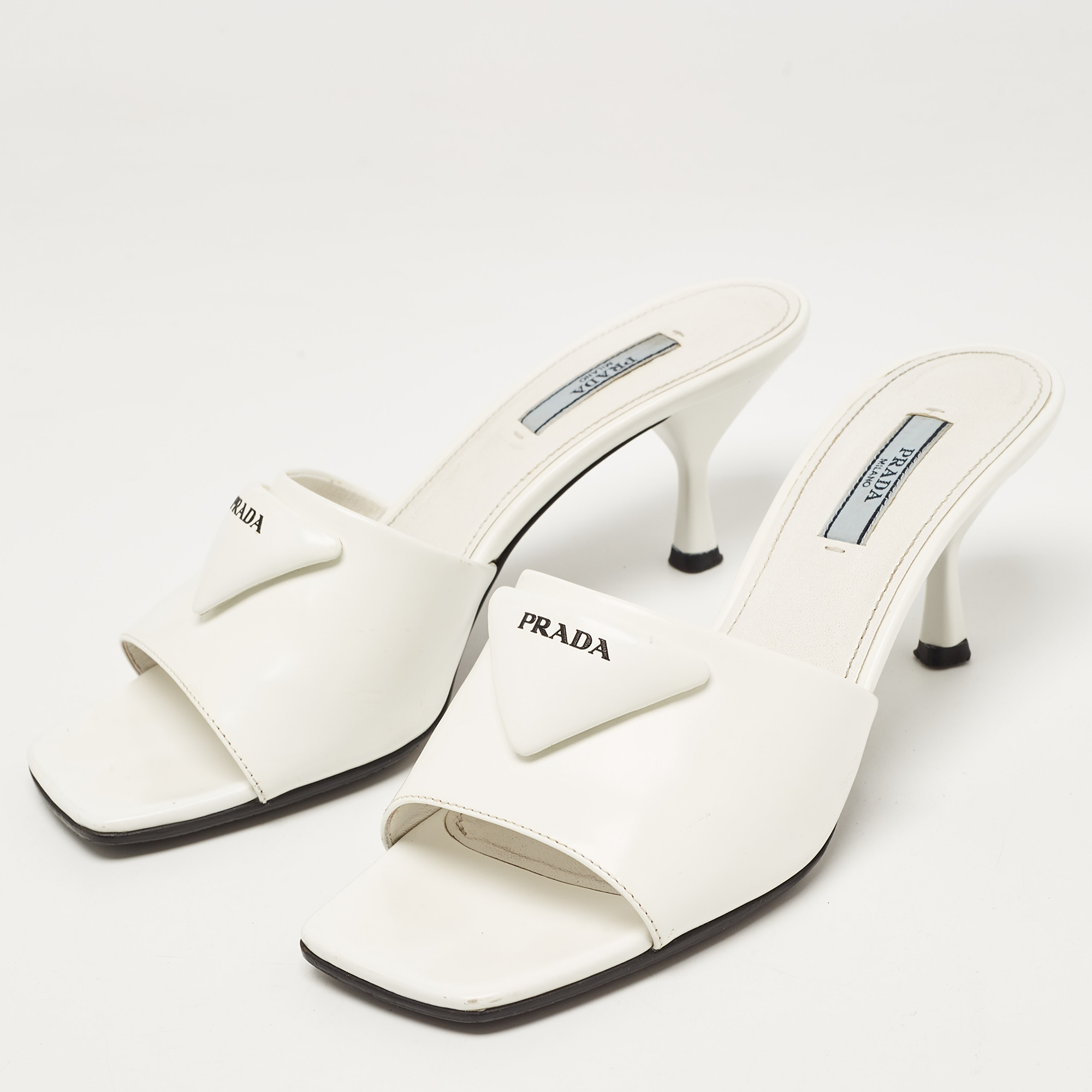 

Prada White Leather Logo Slide Sandals Size