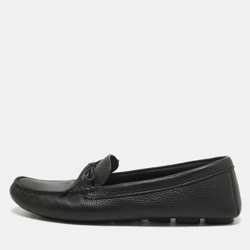 

Prada Black Leather Logo Embellished Bow Slip On Loafers Size